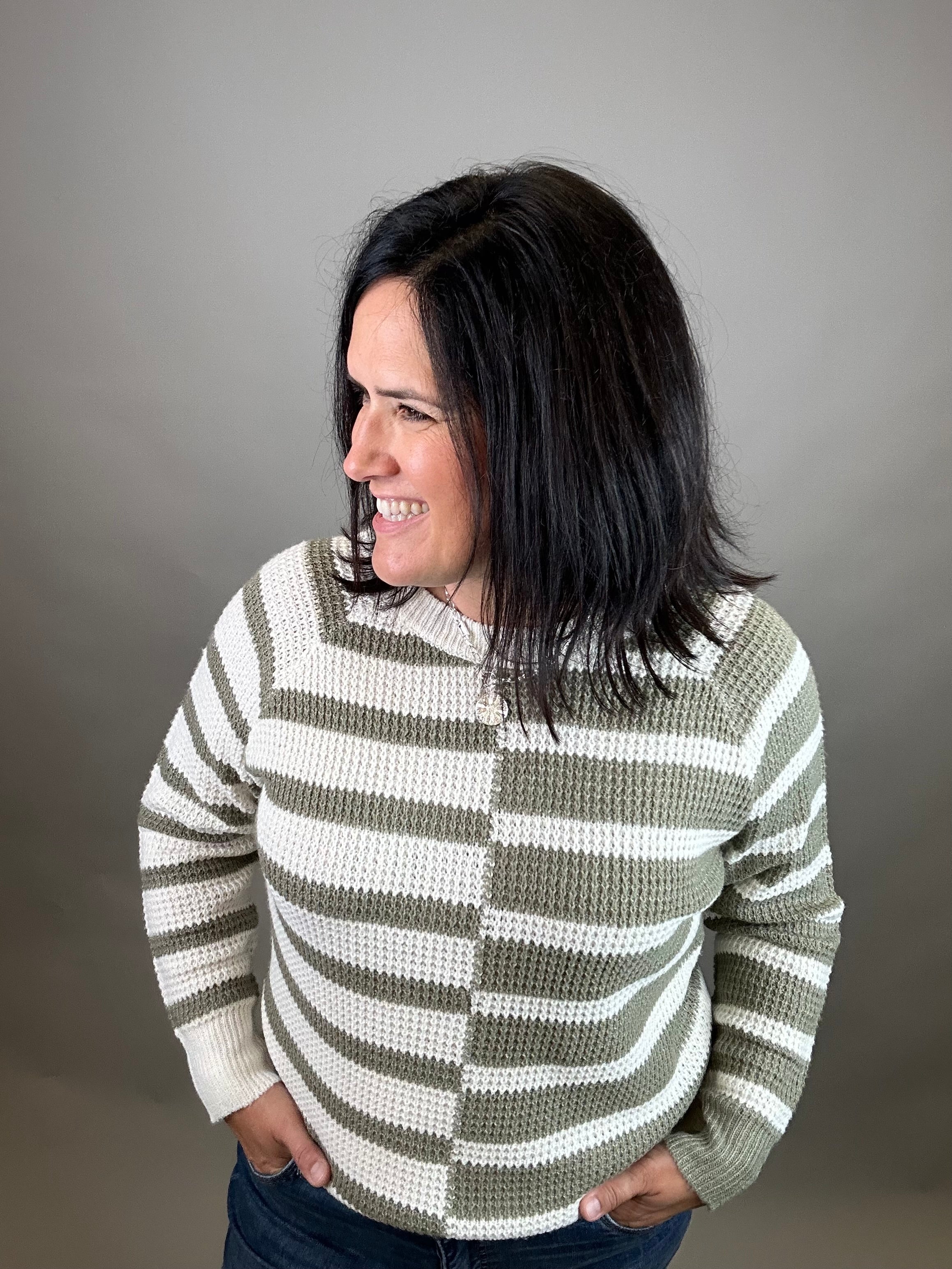 Lt. Olive Multi Stripe Raglan Sweater Top - Sweater STACCATO