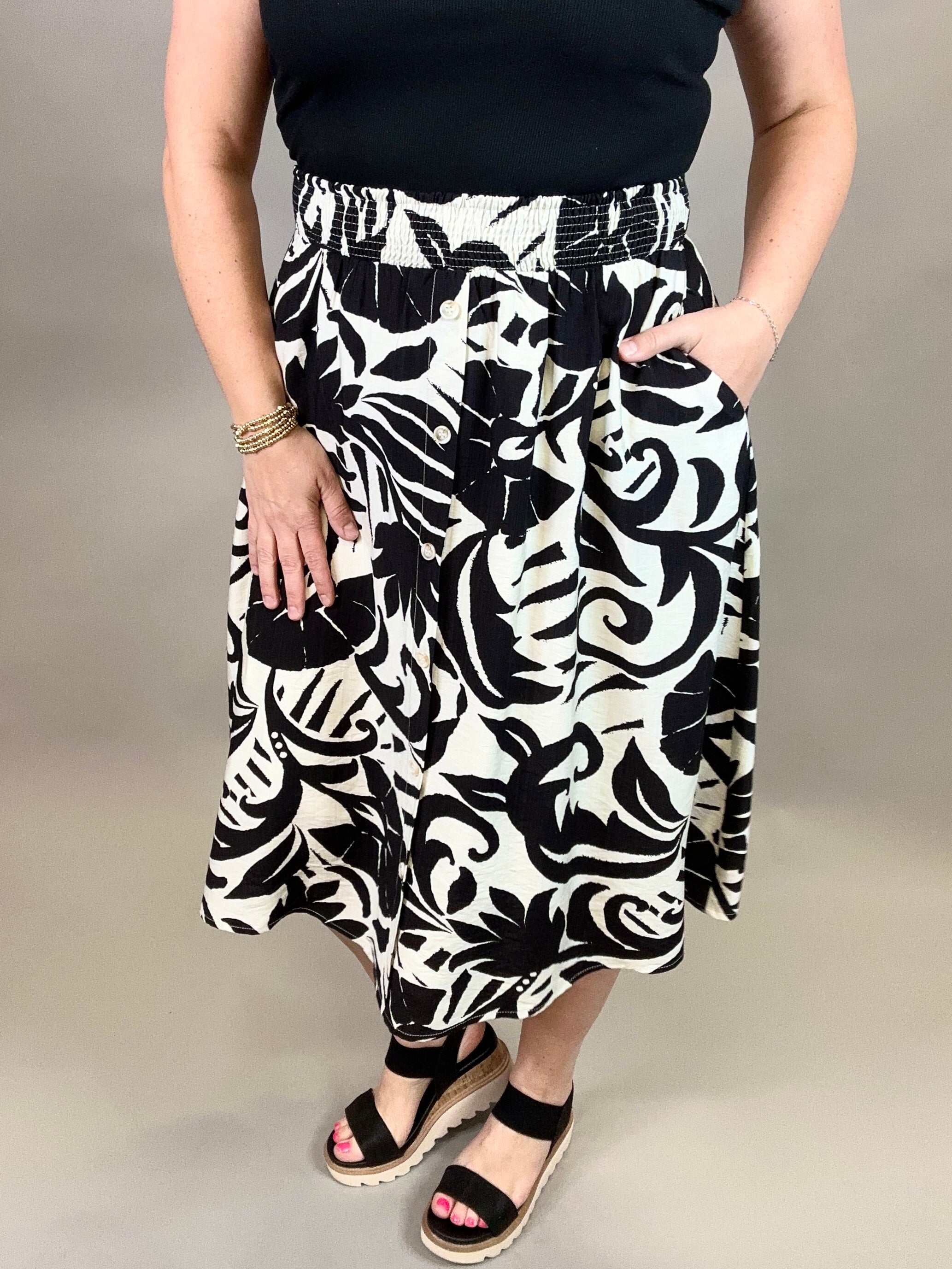 Tropical Smocked Waist Midi Skirt Bottom- Skirt DOE & RAE