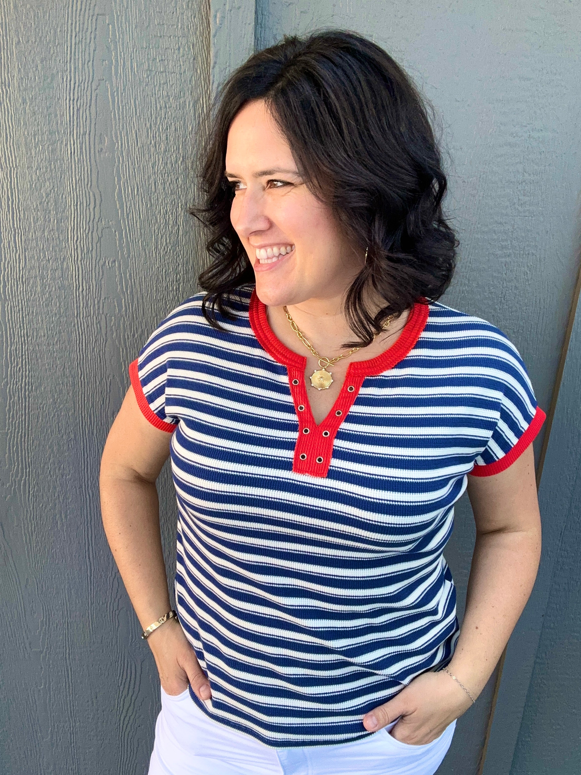 Navy Split Eyelet Neck Top Top - Tee STACCATO