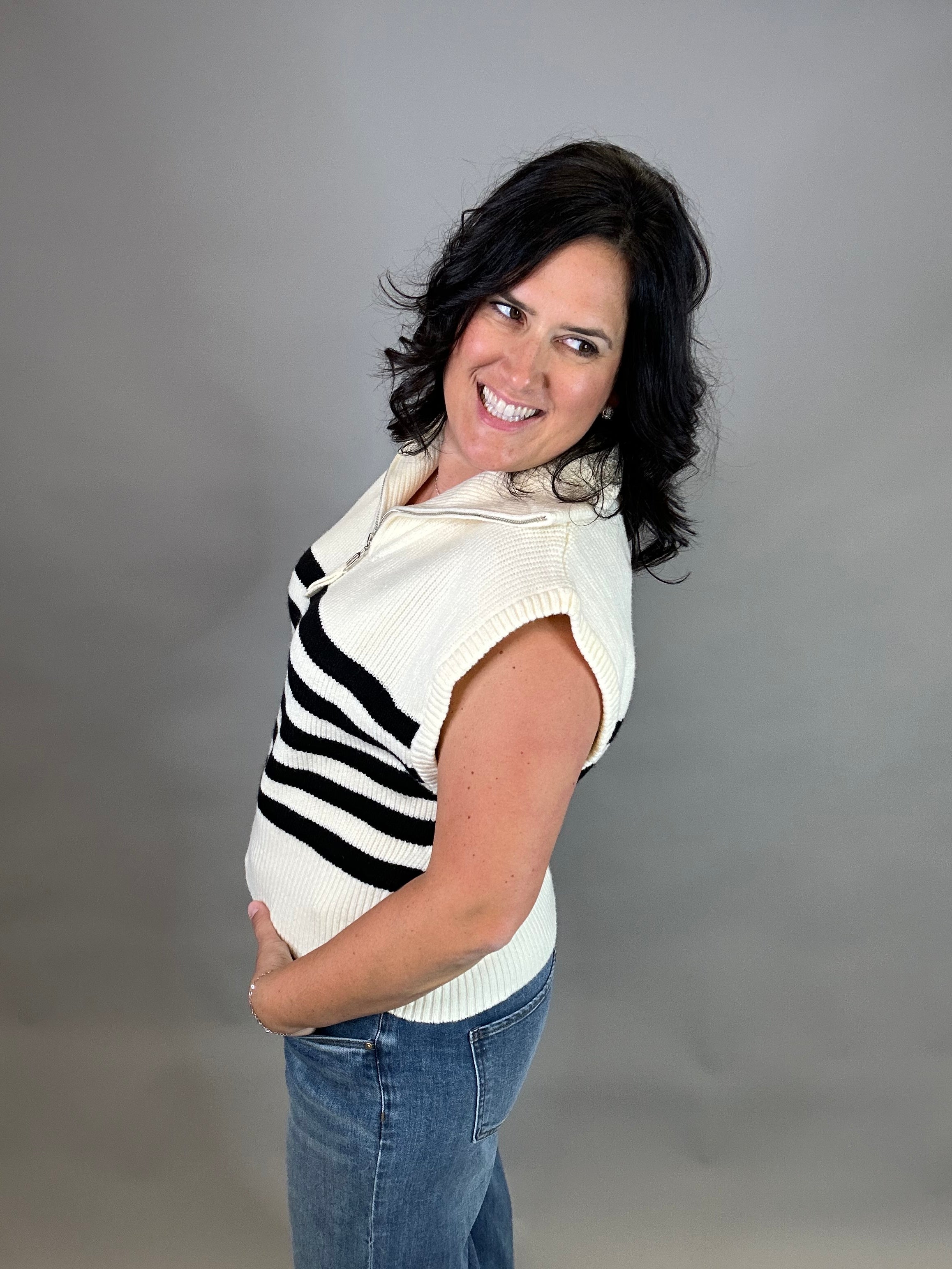 Ivory Striped Half Zip Sweater Top Top - Sweater DOE & RAE