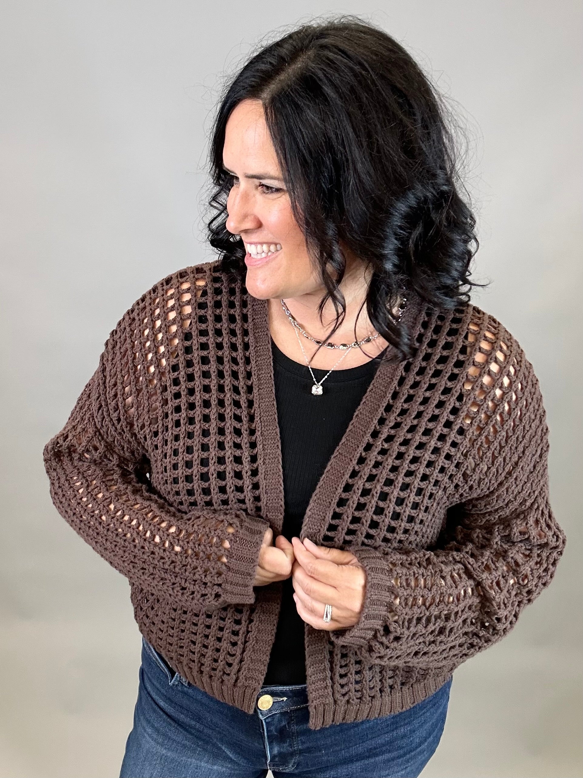 Espresso Crochet Cropped Open Cardigan Tops- Cardigans DOE & RAE