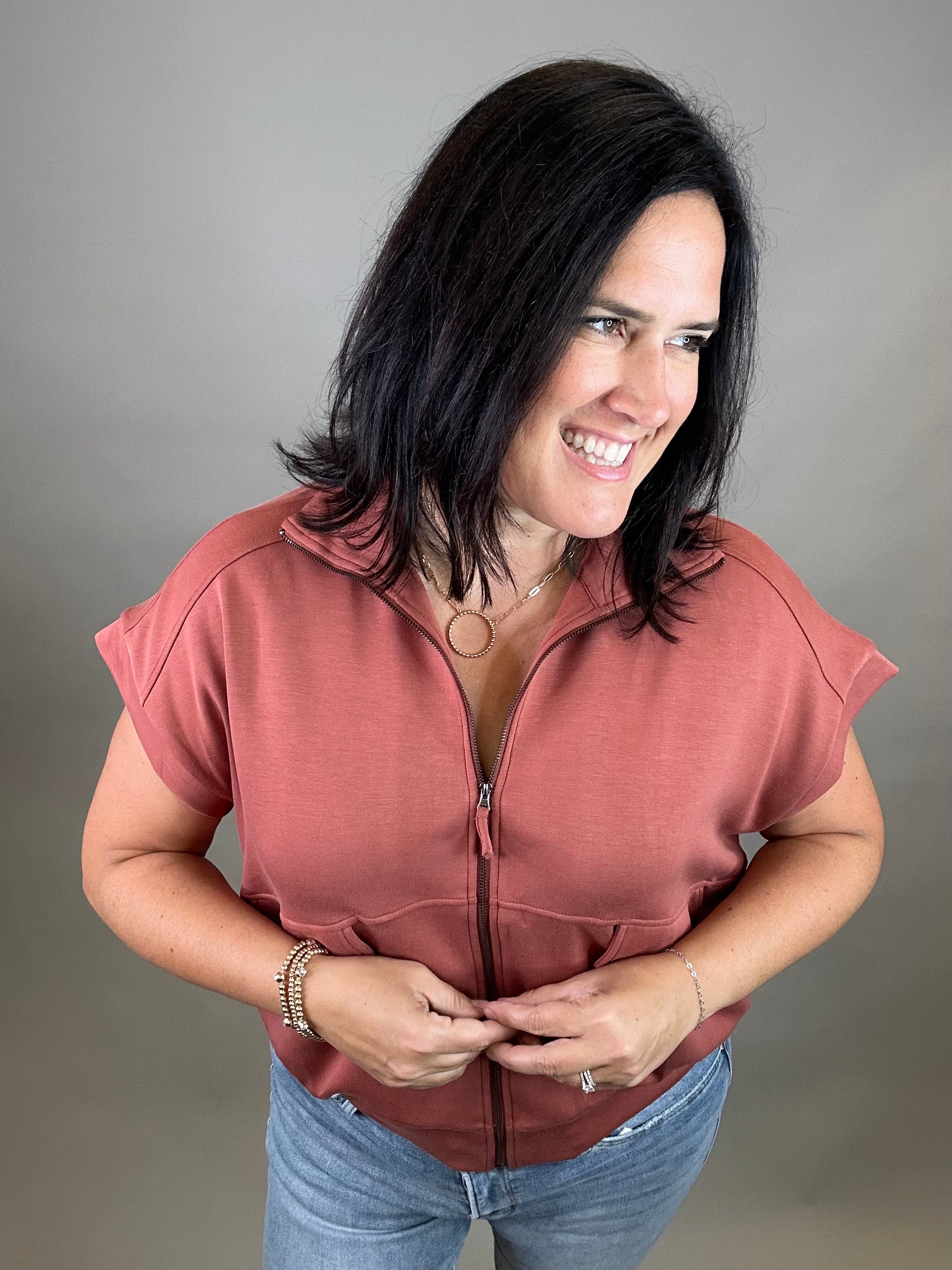Terra Cotta Modal Short Sleeve Jacket Outerwear- Jackets DOE & RAE