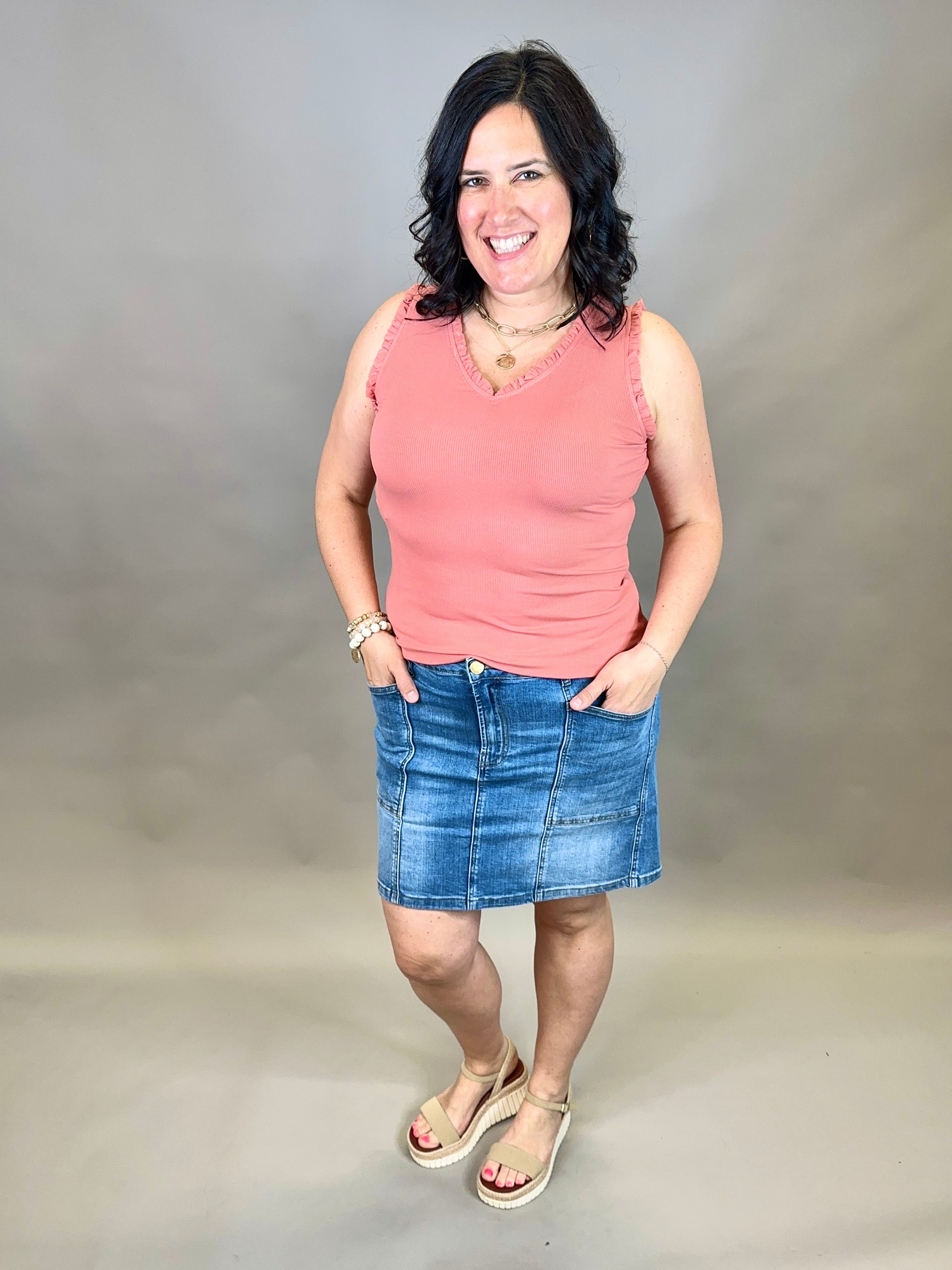 Salmon V Neck Frilled Tank Tops- Tanks DOE & RAE