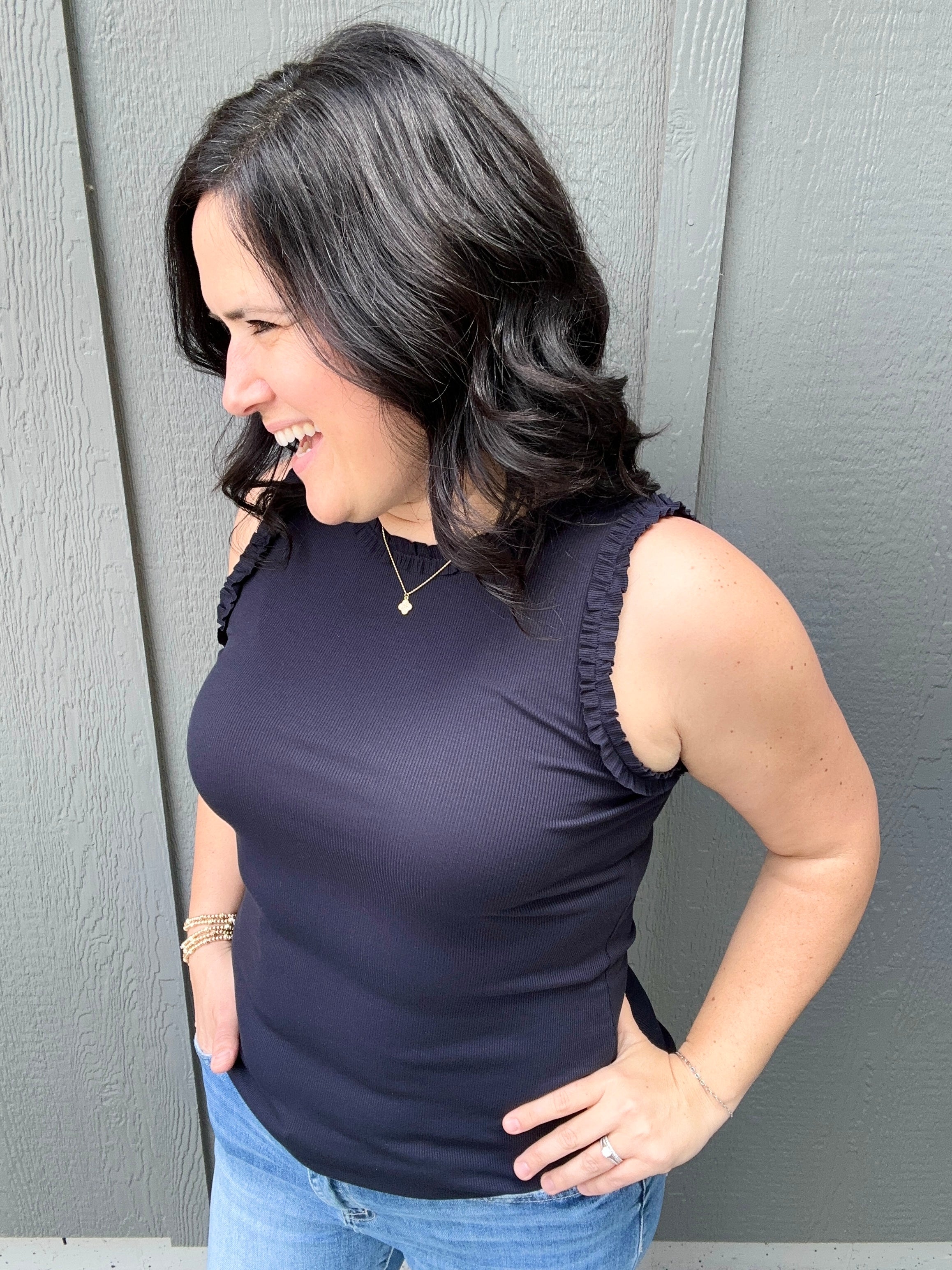 Navy Ruffle Tank Tops- Tanks DOE & RAE