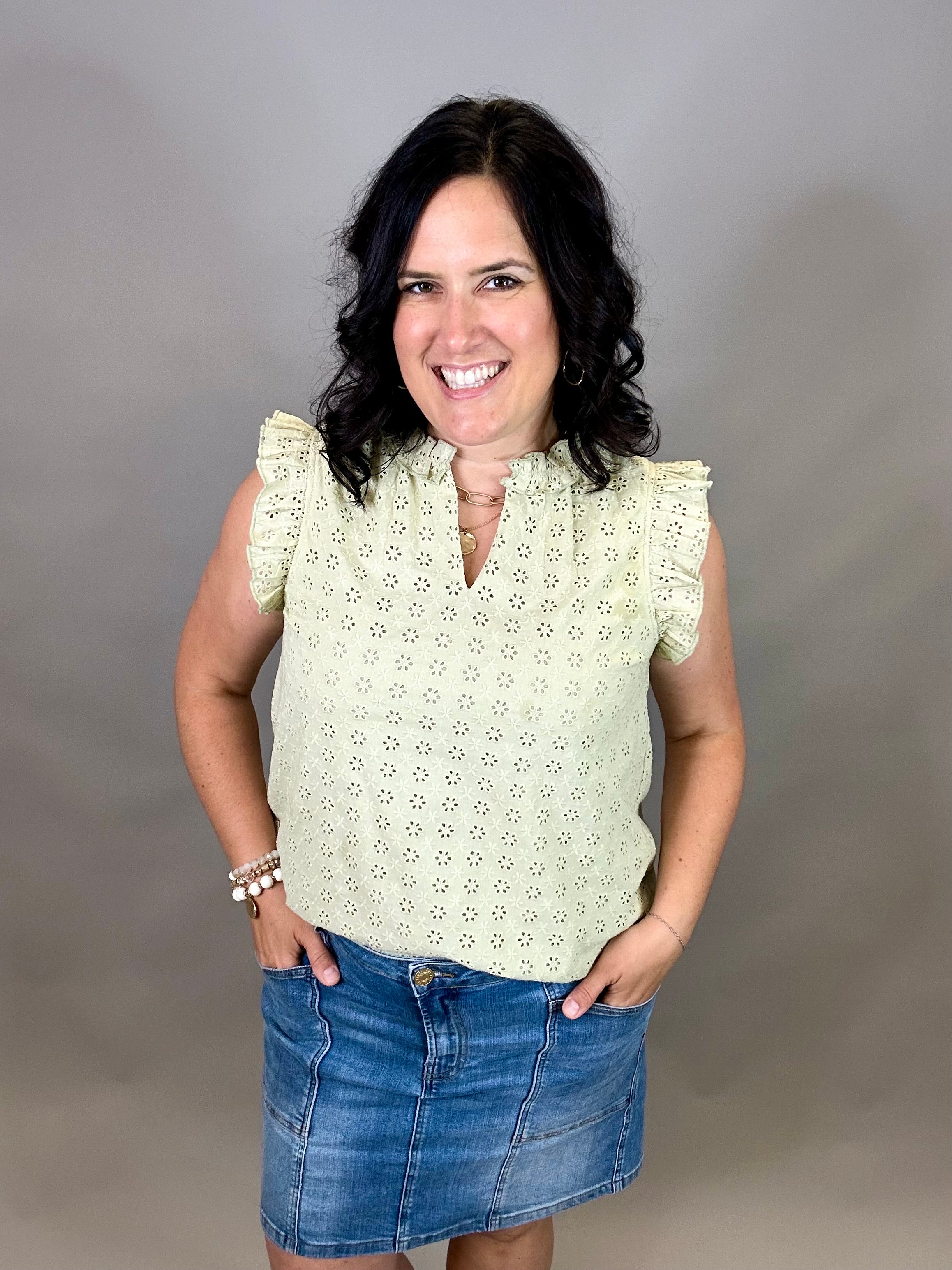 Sage Eyelet Ruffle Cap Sleeve Top Tops- Blouses DOE & RAE