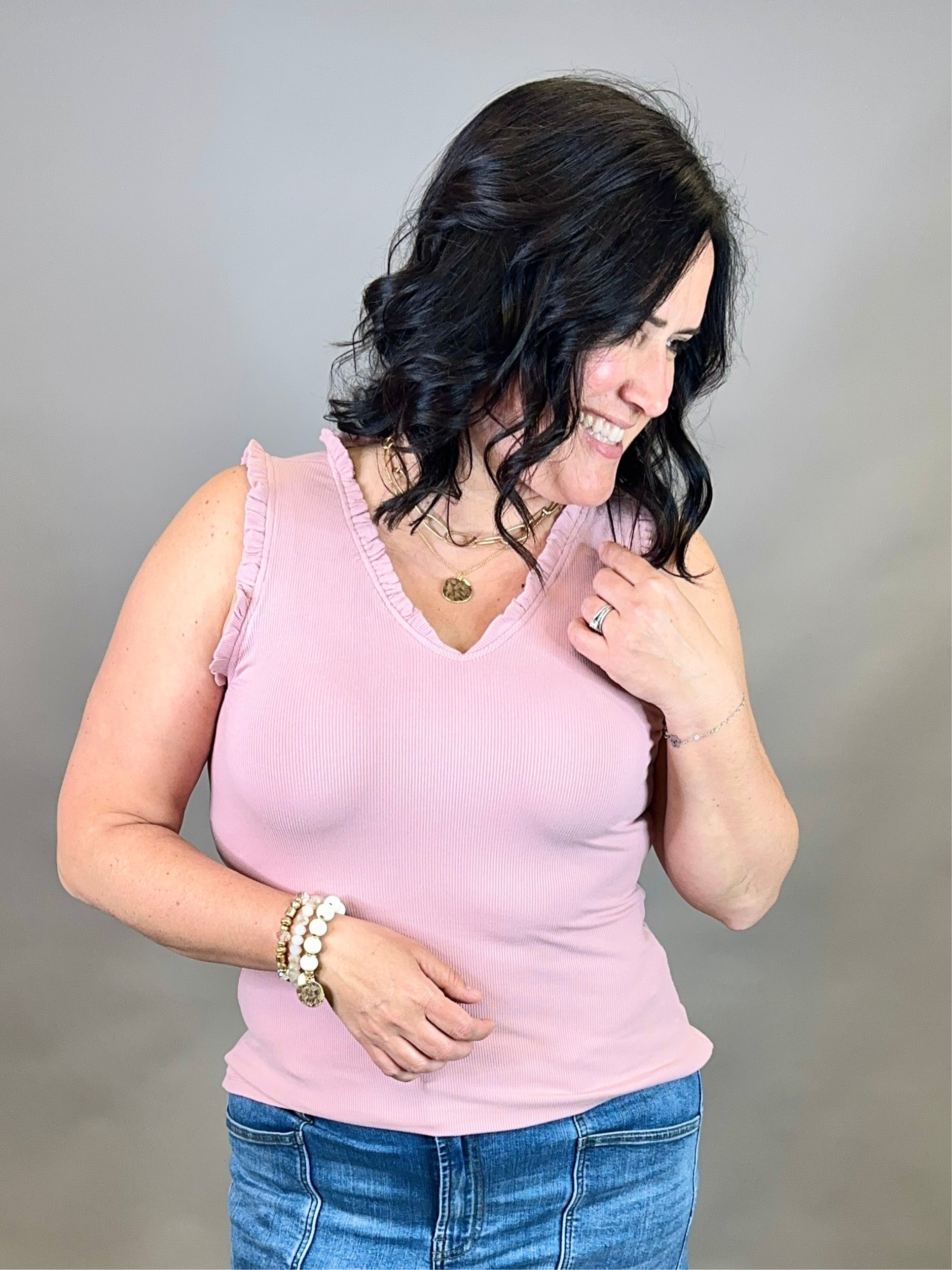 Mauve V Neck Frilled Tank Tops- Tanks DOE & RAE