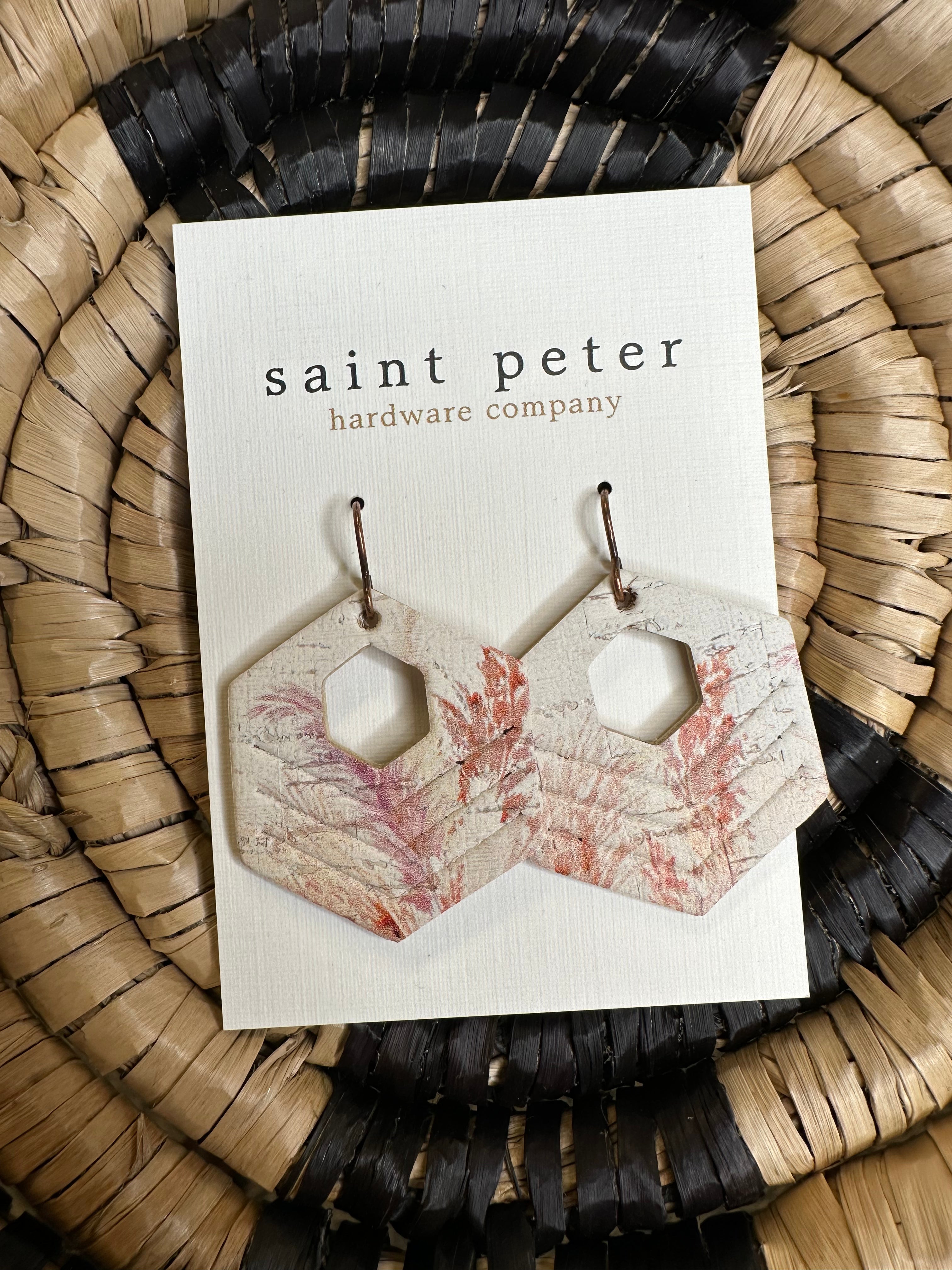 Washed Cranberry and Cream Hexy Earrings Jewelry - Earrings St. Peter Hardware