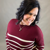 Wine/Cream Striped Drop Shoulder Sweater Top - Sweater WISHLIST