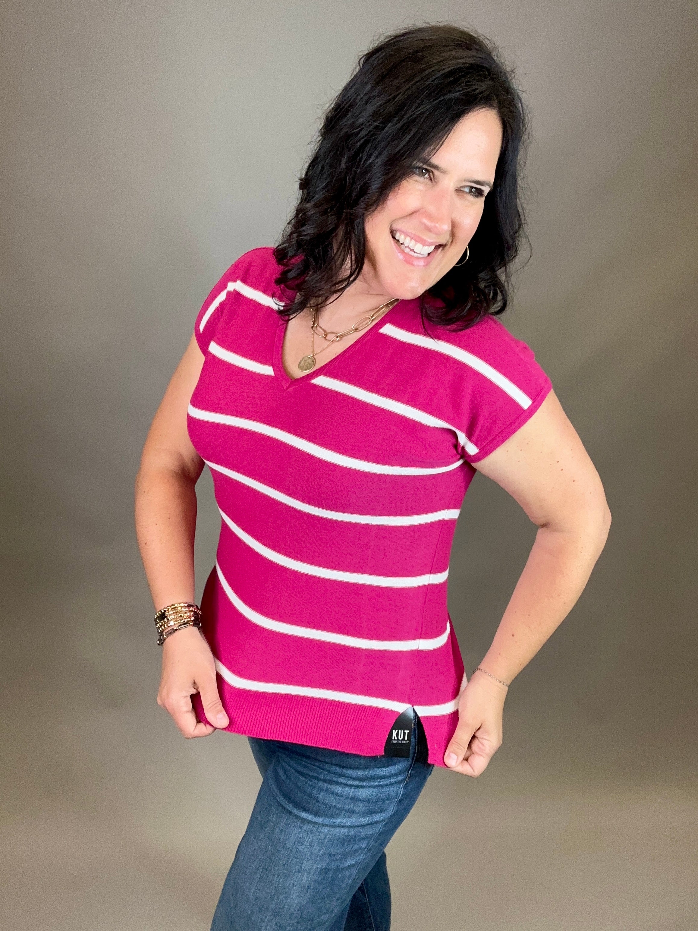 Magenta Striped V Neck Short Sleeve Sweater Top - Sweater STACCATO