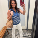 Denim Striped Zip Front Sleeveless Top Top- Sweatshirt DOE & RAE