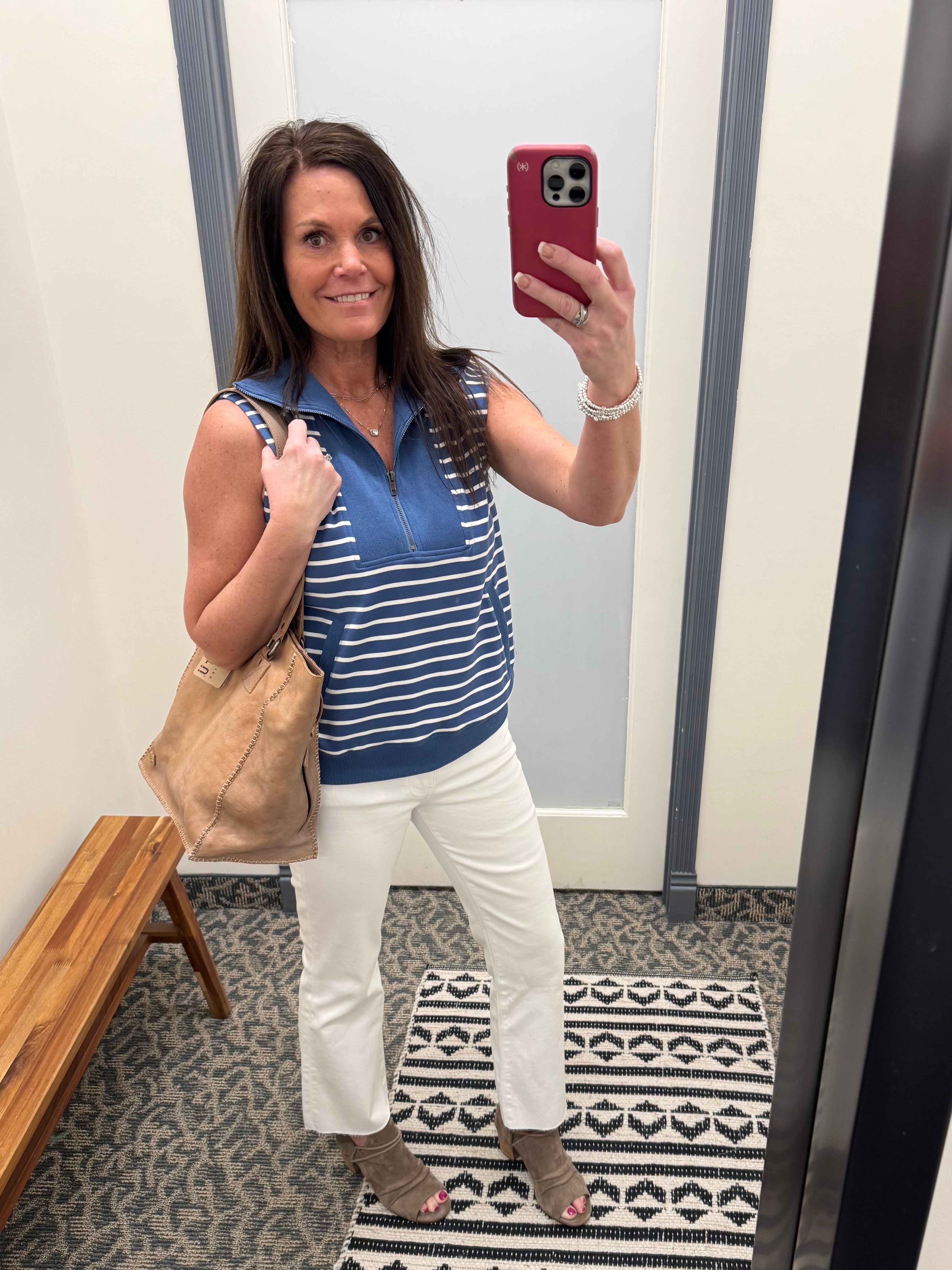 Denim Striped Zip Front Sleeveless Top Top- Sweatshirt DOE & RAE