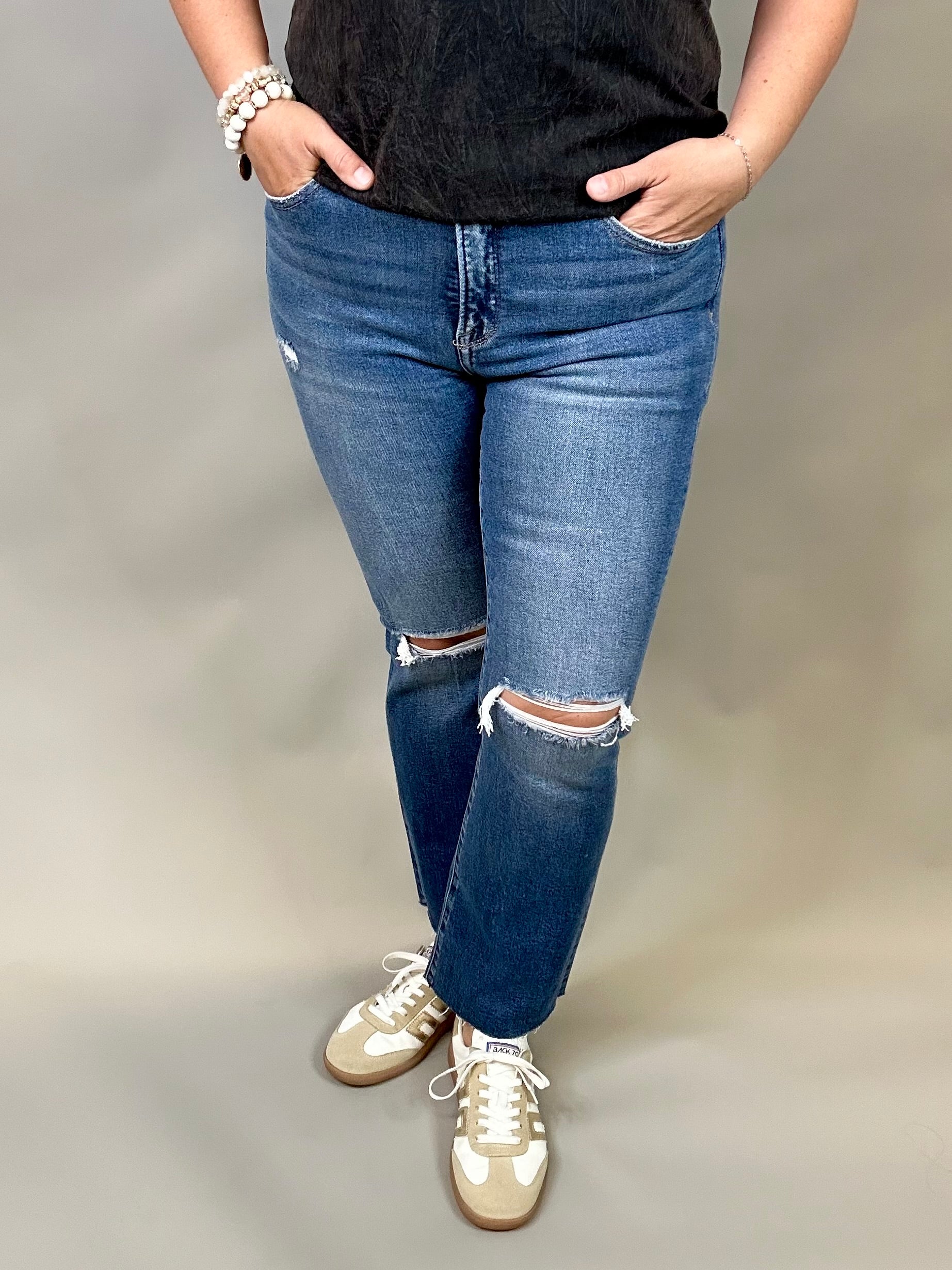 Dark Crop Straight Jeans Bottom- Pants RISEN