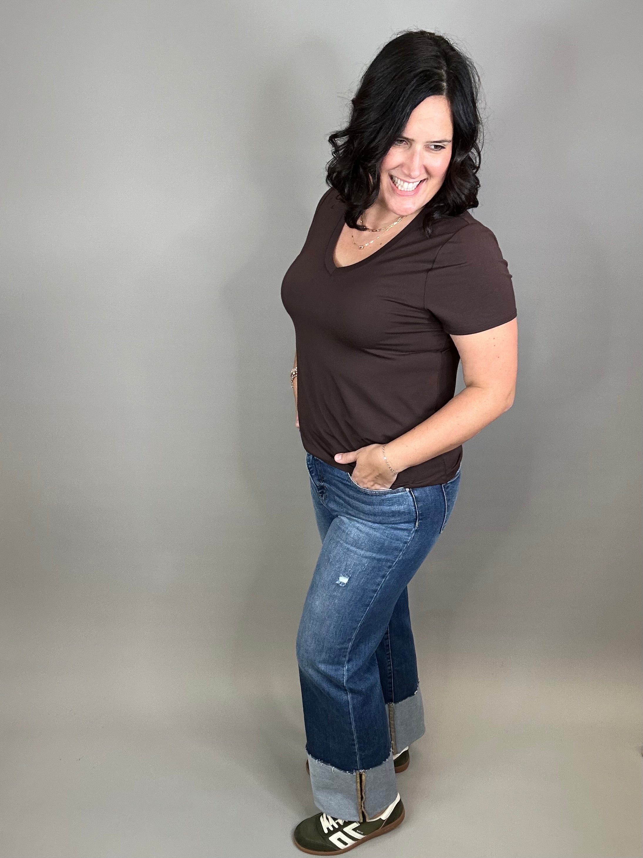 Dark Ankle Wide Cuffed Jeans Bottom- Pants RISEN