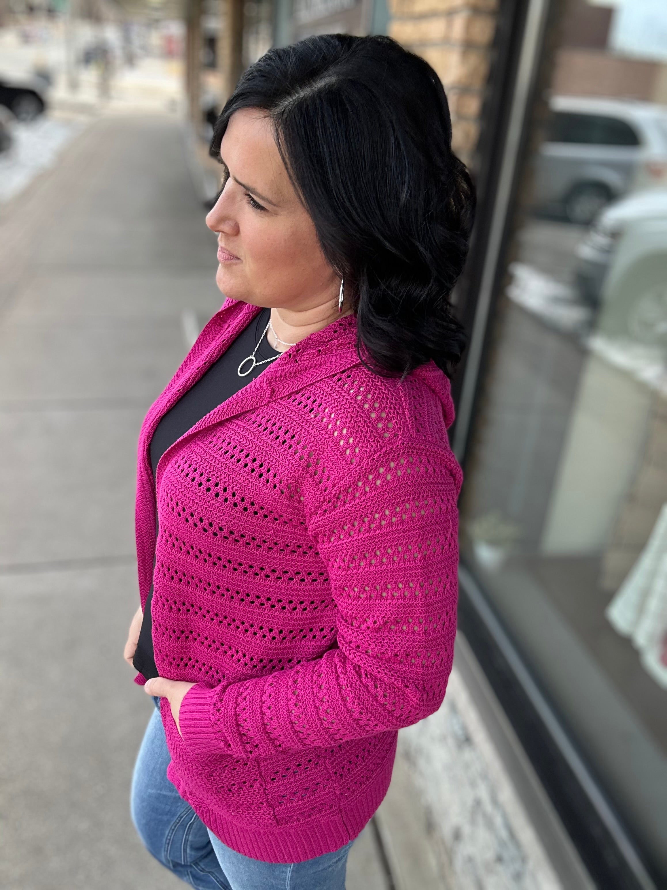 Magenta Crochet Open Cardigan Tops- Cardigans STACCATO