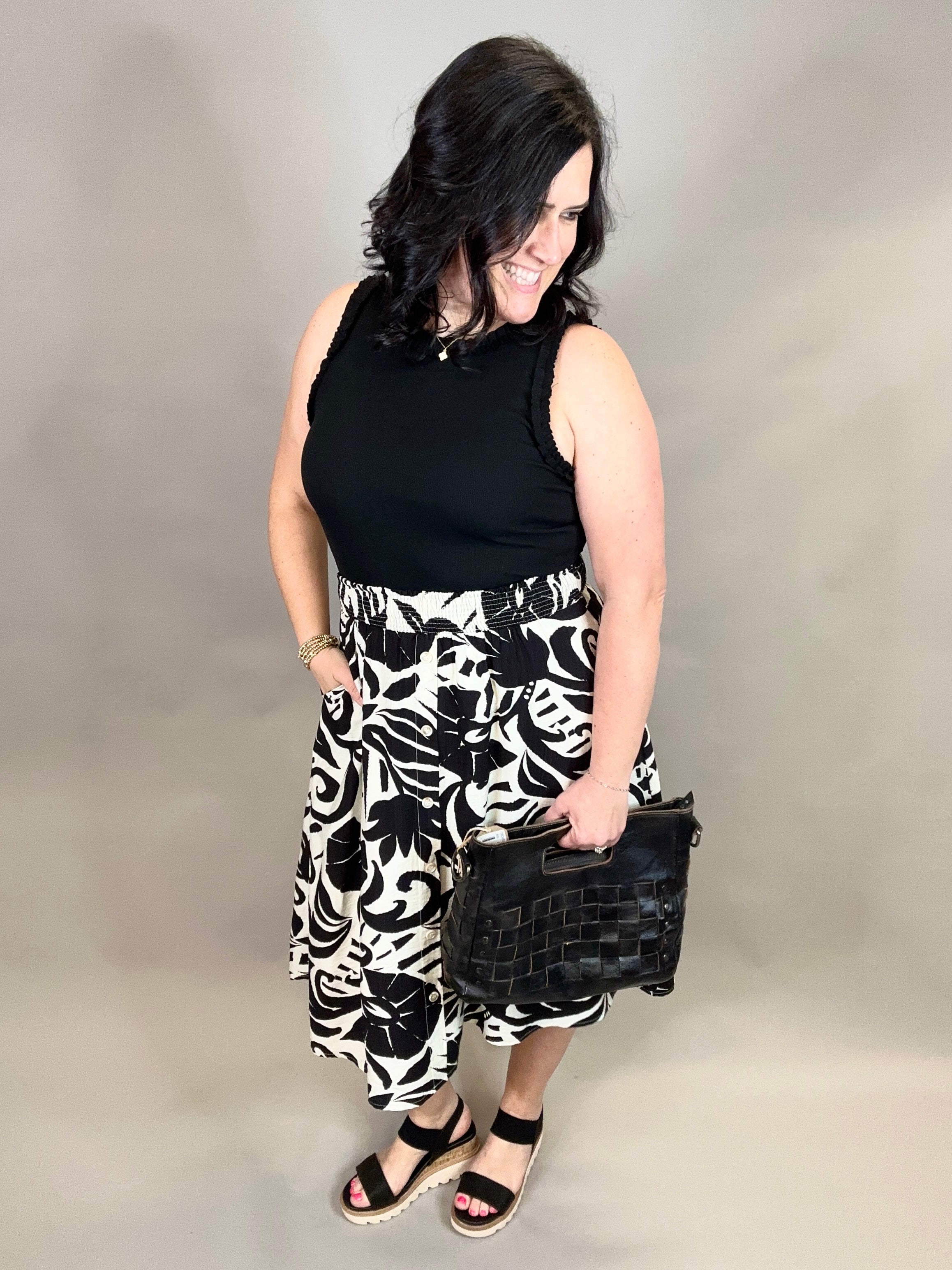 Tropical Smocked Waist Midi Skirt Bottom- Skirt DOE & RAE