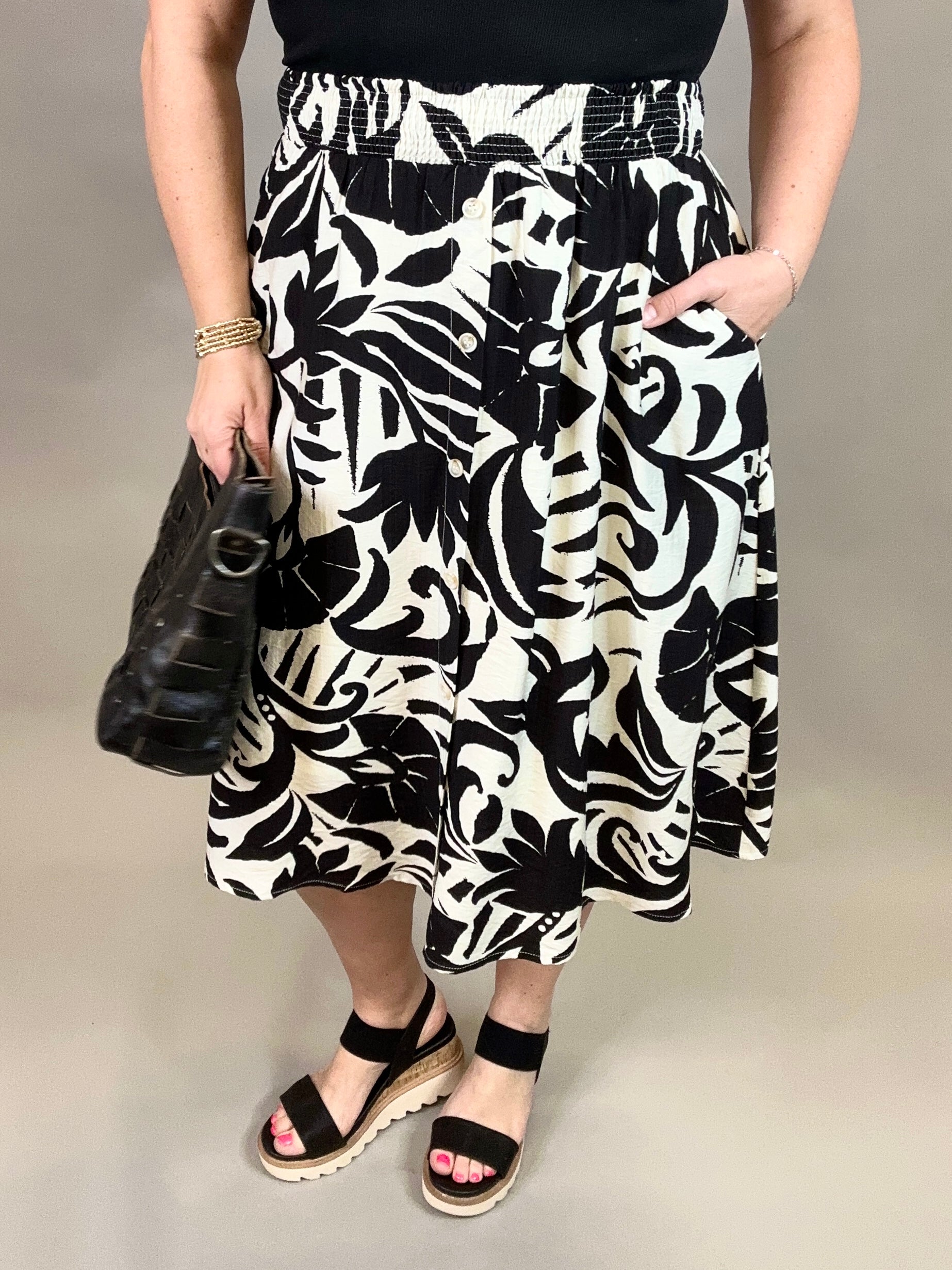 Tropical Smocked Waist Midi Skirt Bottom- Skirt DOE & RAE