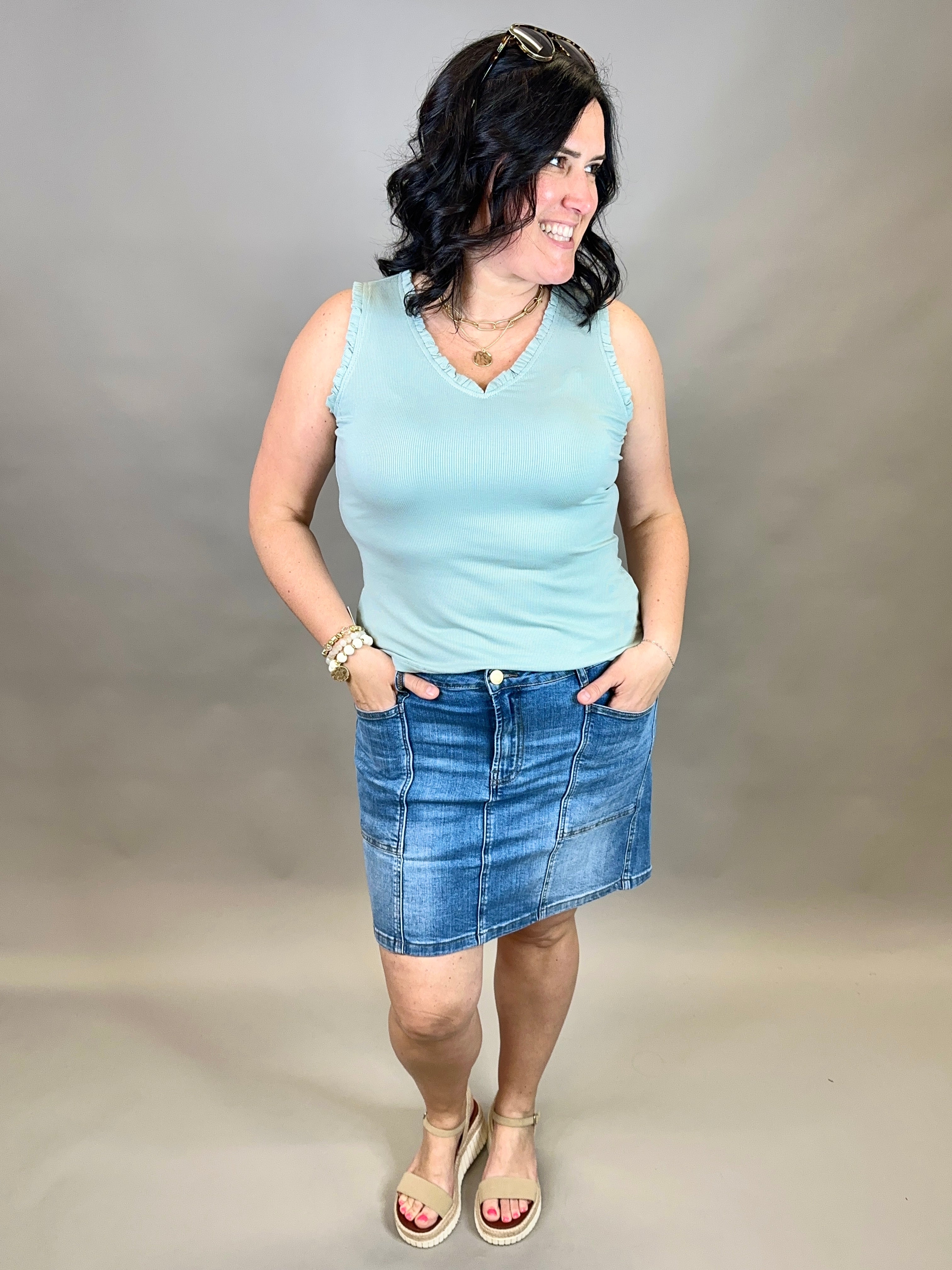 Sage V Neck Frilled Tank Tops- Tanks DOE & RAE