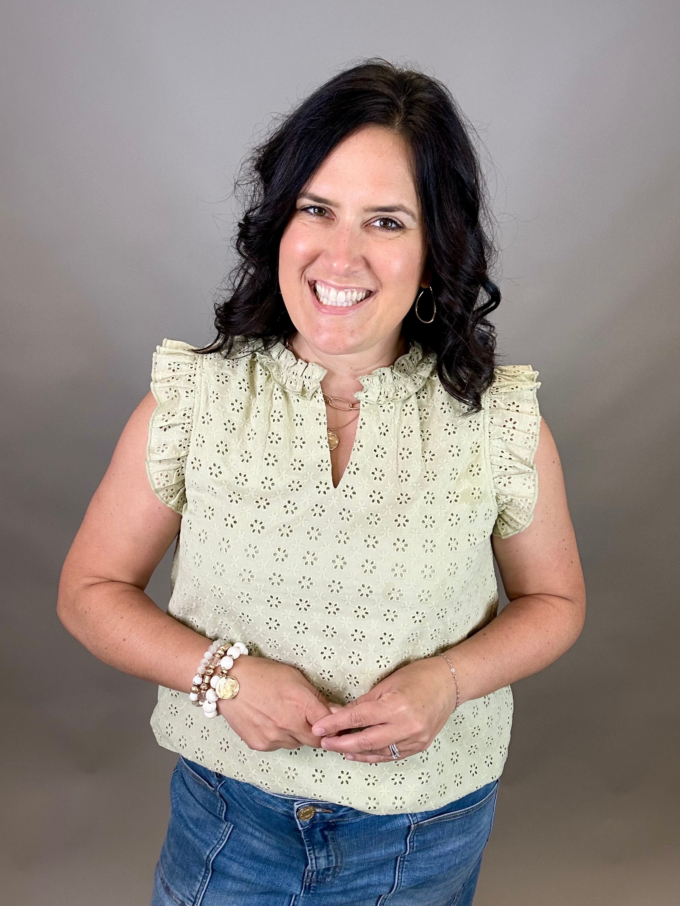 Sage Eyelet Ruffle Cap Sleeve Top Tops- Blouses DOE & RAE