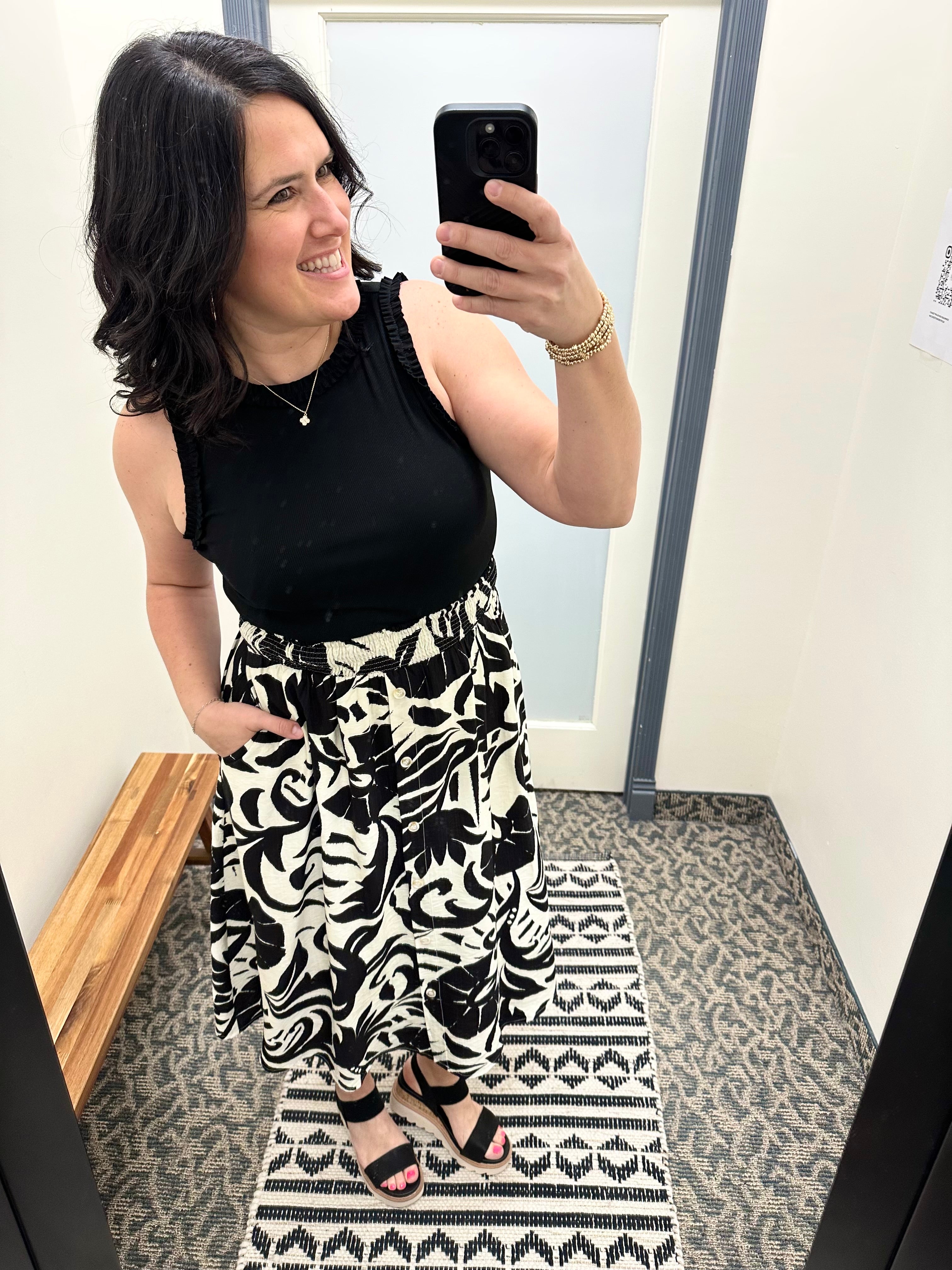 Tropical Smocked Waist Midi Skirt Bottom- Skirt DOE & RAE
