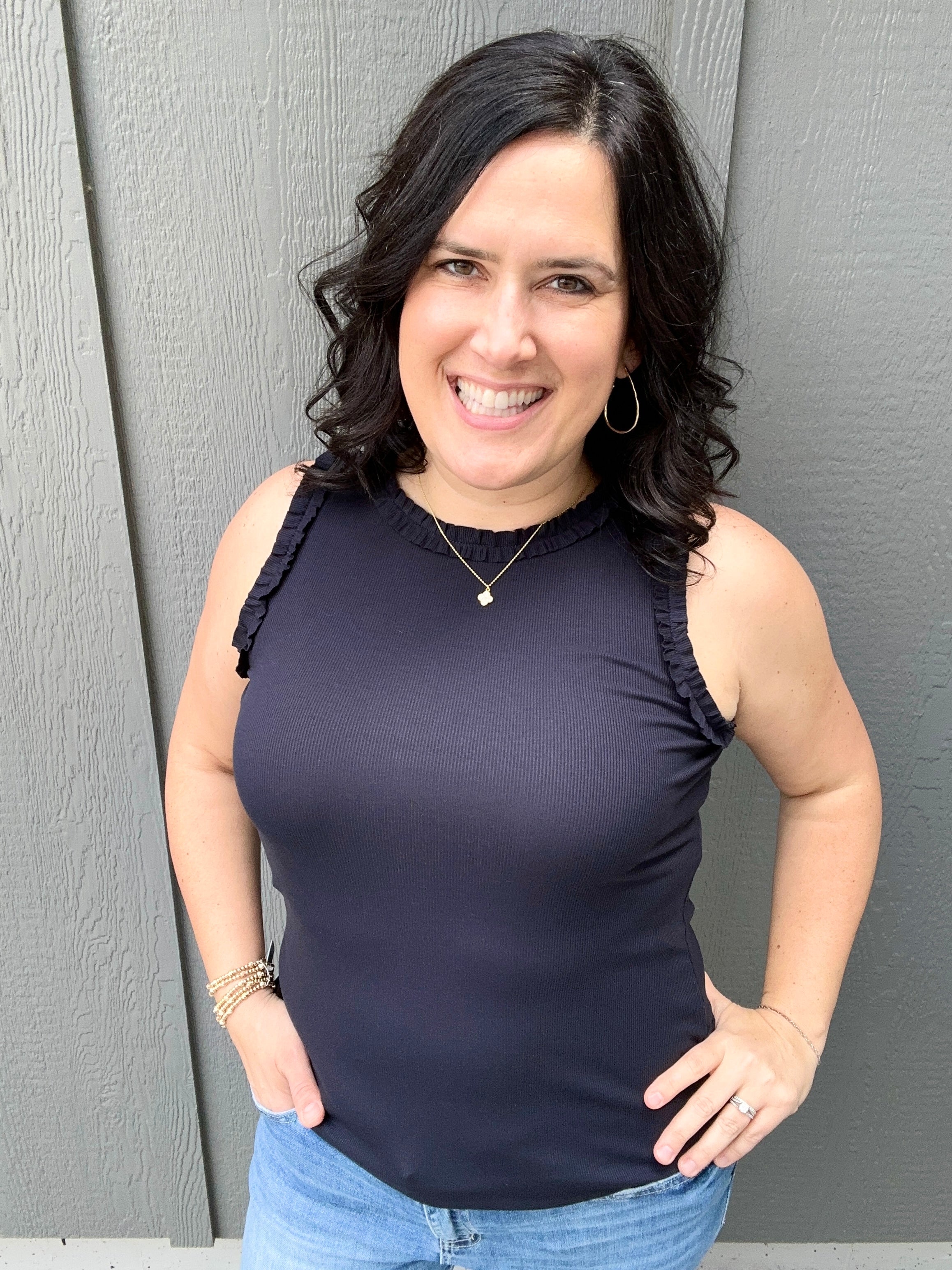 Navy Ruffle Tank Tops- Tanks DOE & RAE