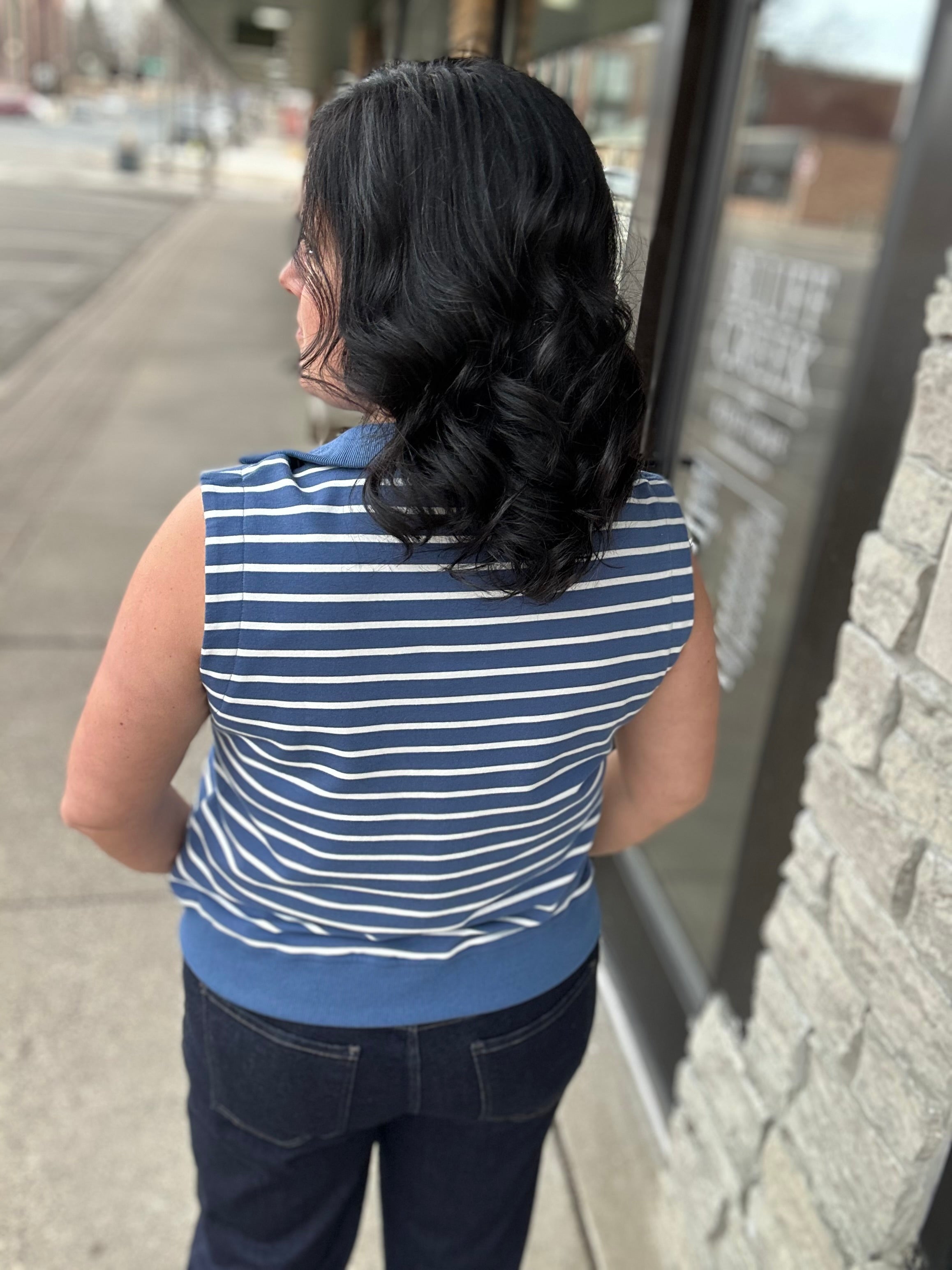 Denim Striped Zip Front Sleeveless Top Top- Sweatshirt DOE & RAE