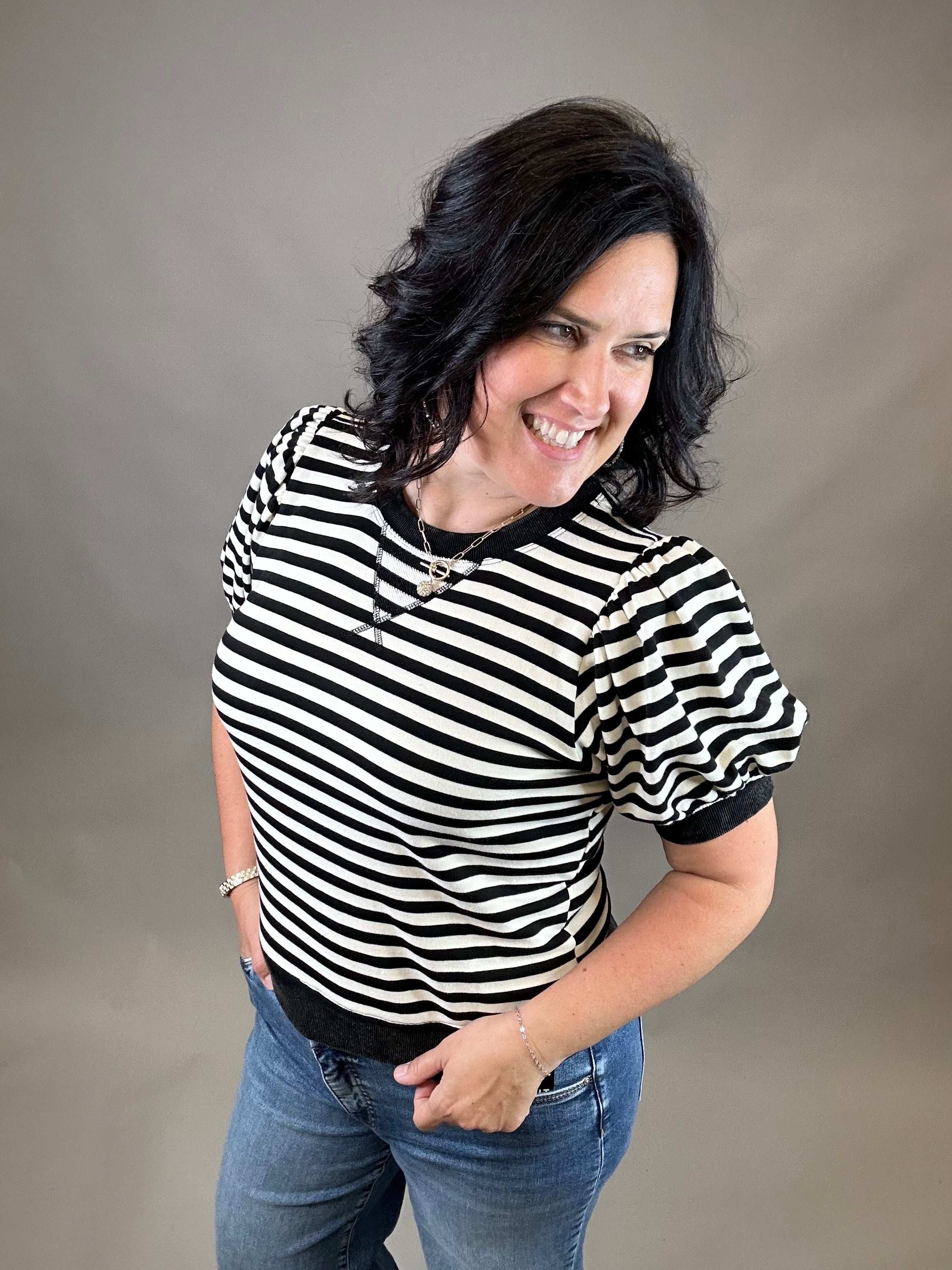 Black/Ivory Striped Puff Sleeve Top Top- Sweatshirts JODIFL