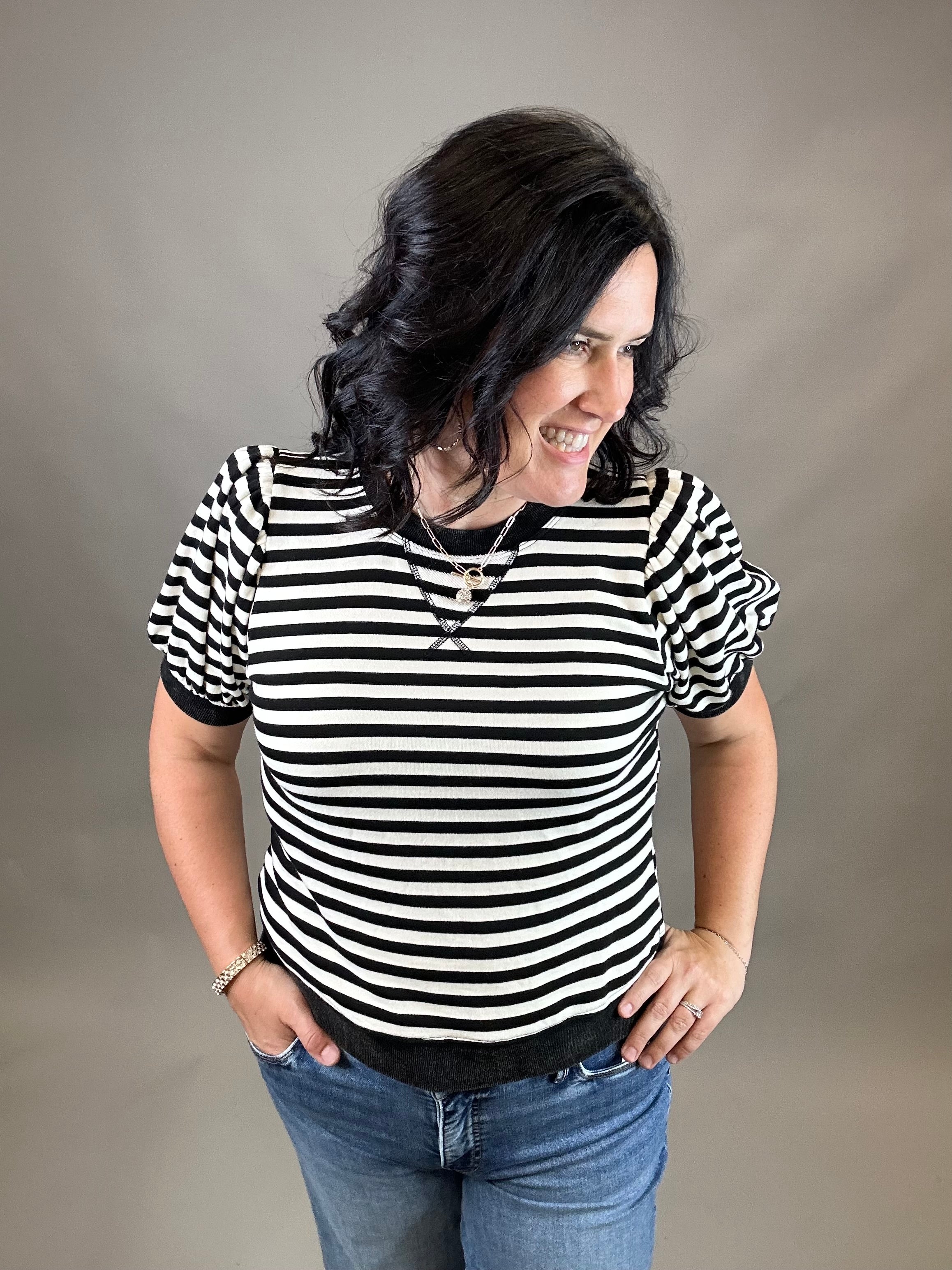 Black/Ivory Striped Puff Sleeve Top Top- Sweatshirts JODIFL