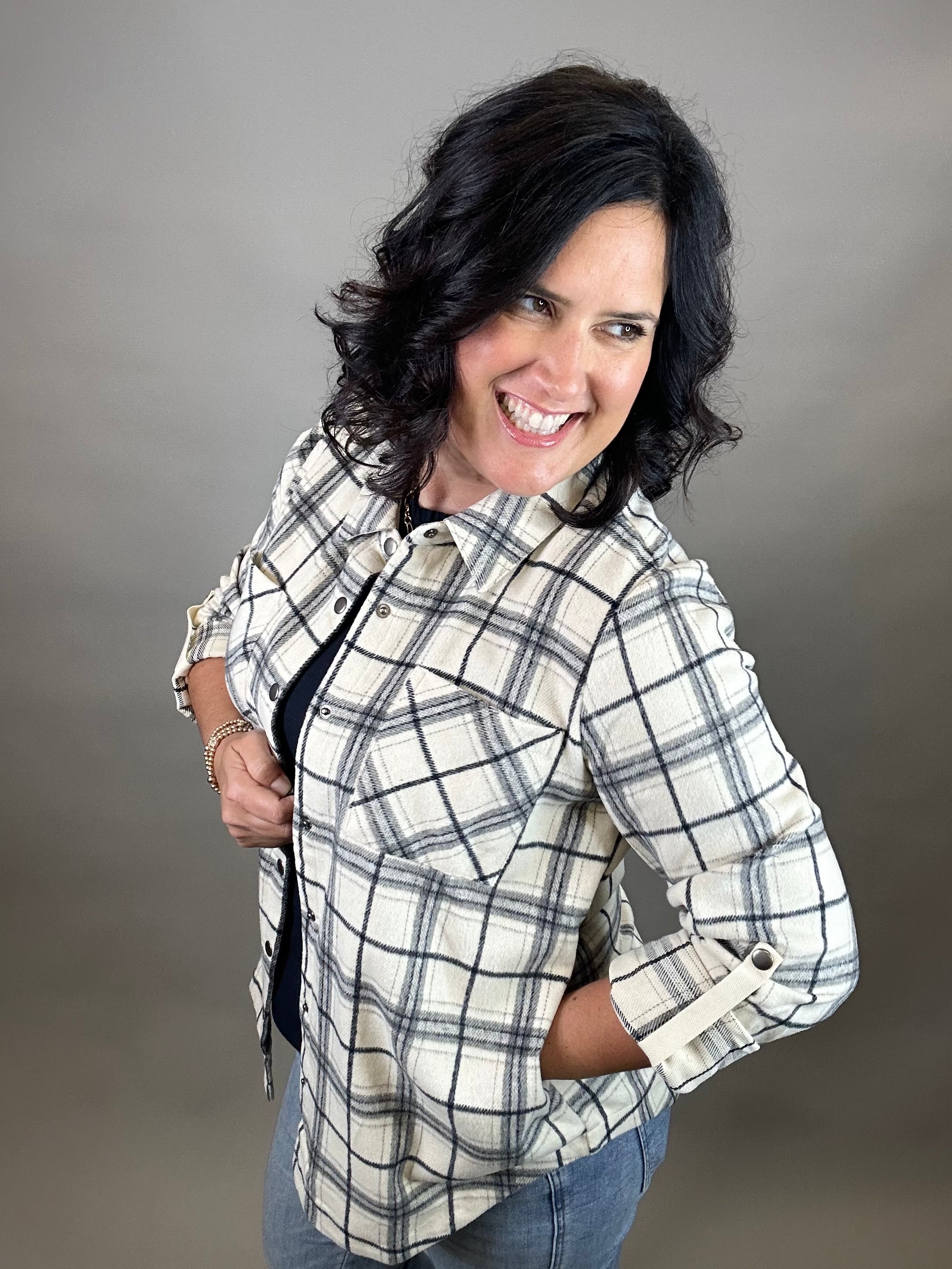 Ivory Plaid Shirt Jacket Outerwear- Jackets Mystree