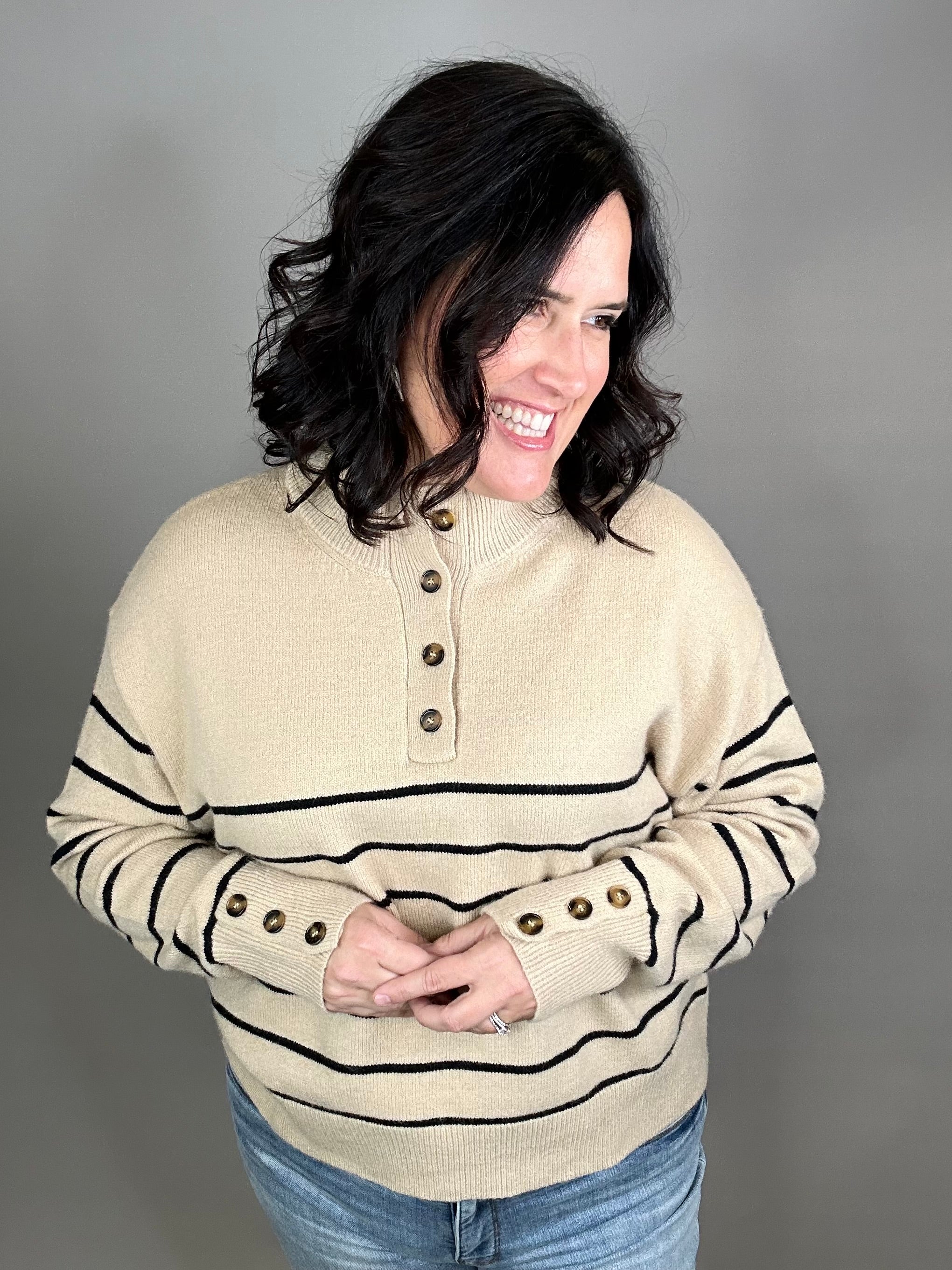 Mocha Striped Half Button Sweater Top - Sweater MIOU MUSE