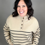 Mocha Striped Half Button Sweater Top - Sweater MIOU MUSE