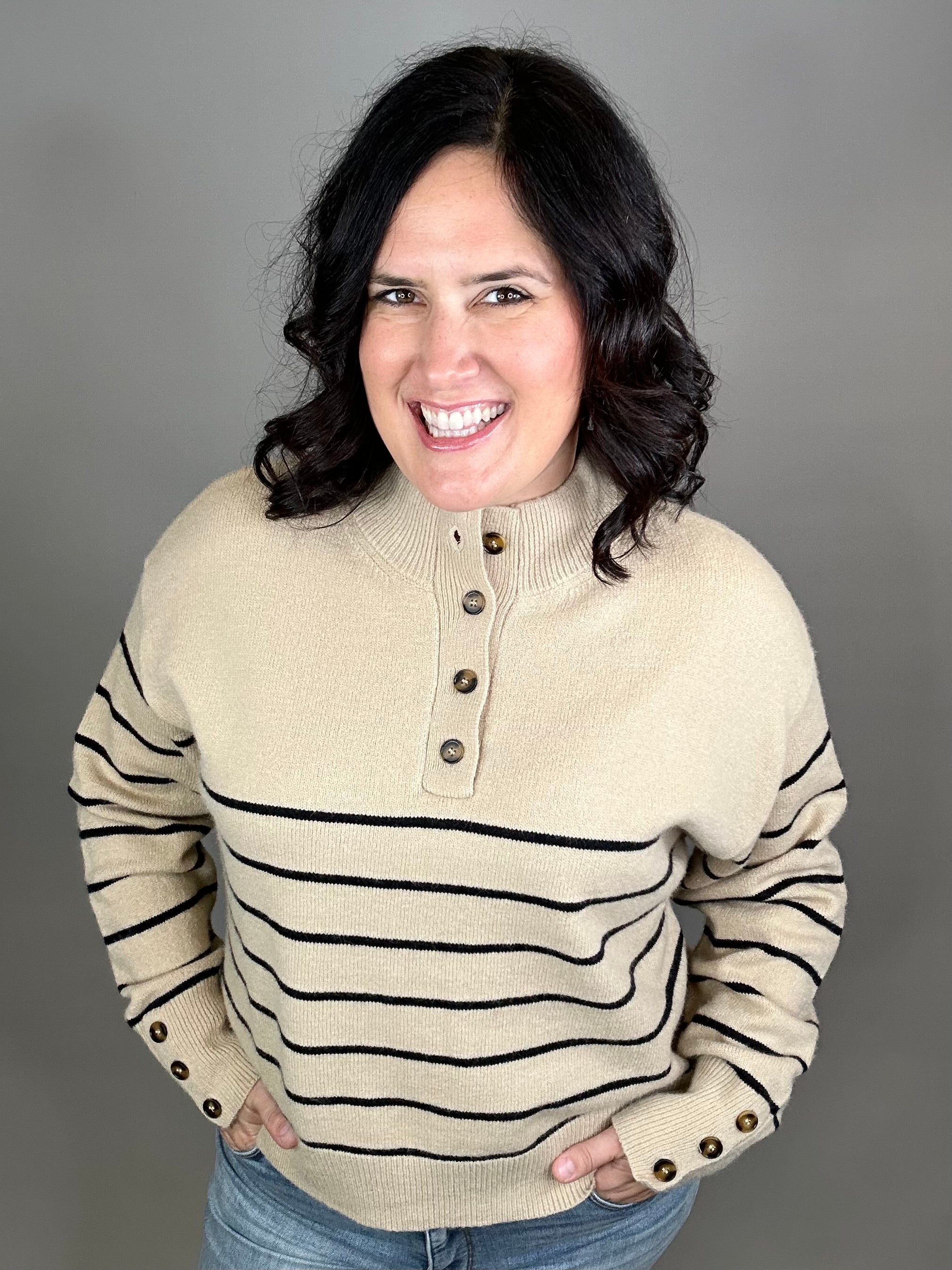 Mocha Striped Half Button Sweater Top - Sweater MIOU MUSE