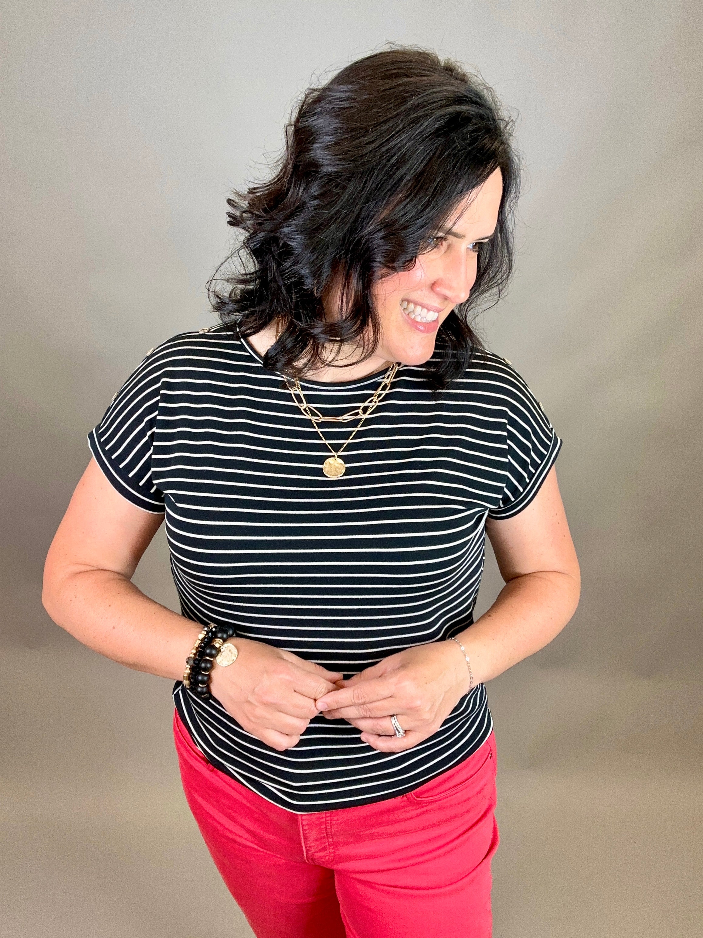 Black Stripe Button Shoulder Terry Tee Top - Tee STACCATO