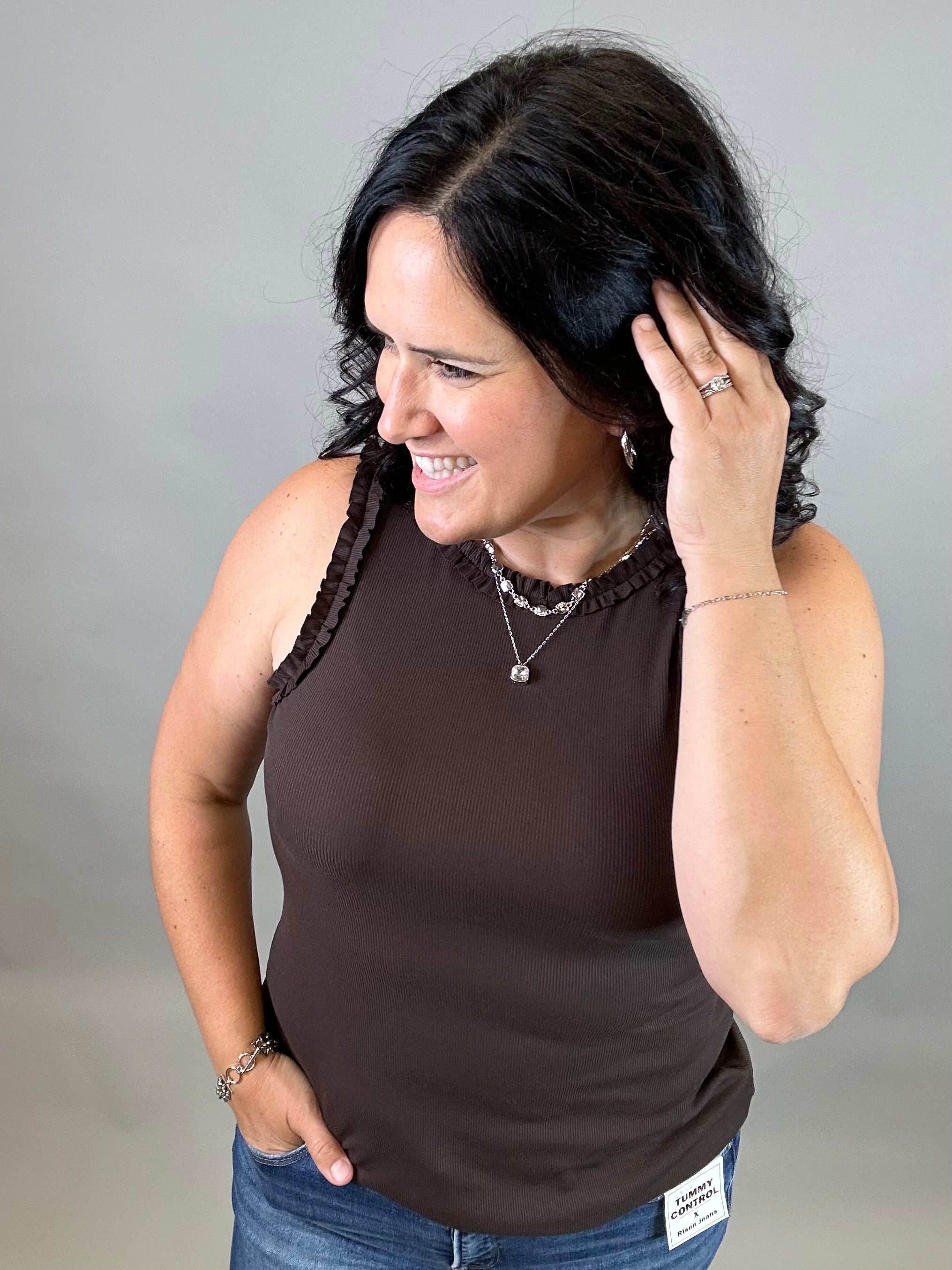 Espresso Ruffle Tank Tops- Tanks DOE & RAE