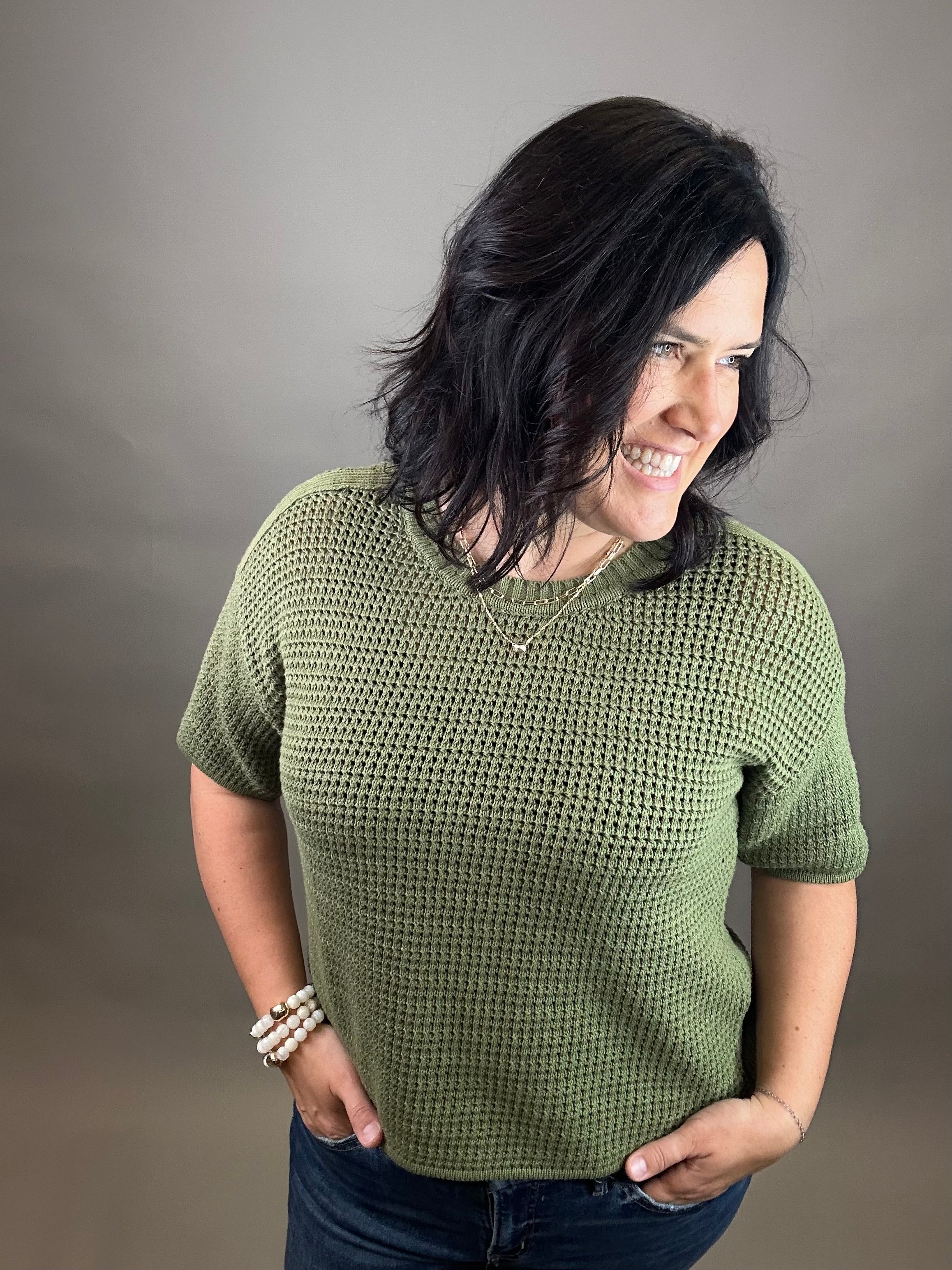 Dry Herb Boxy Short Sleeve Sweater Top - Sweater EE:SOME