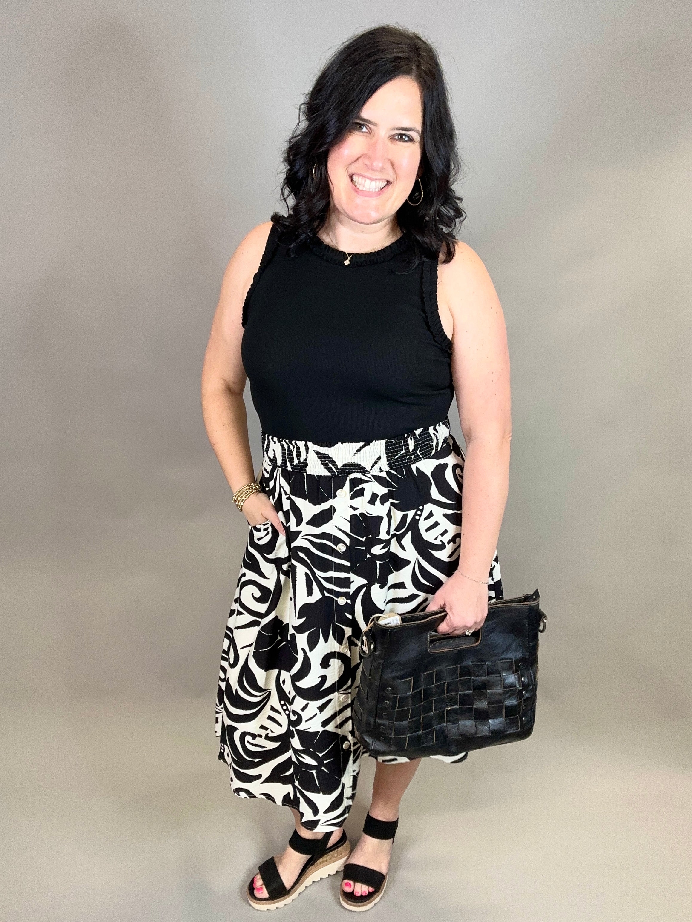 Tropical Smocked Waist Midi Skirt Bottom- Skirt DOE & RAE