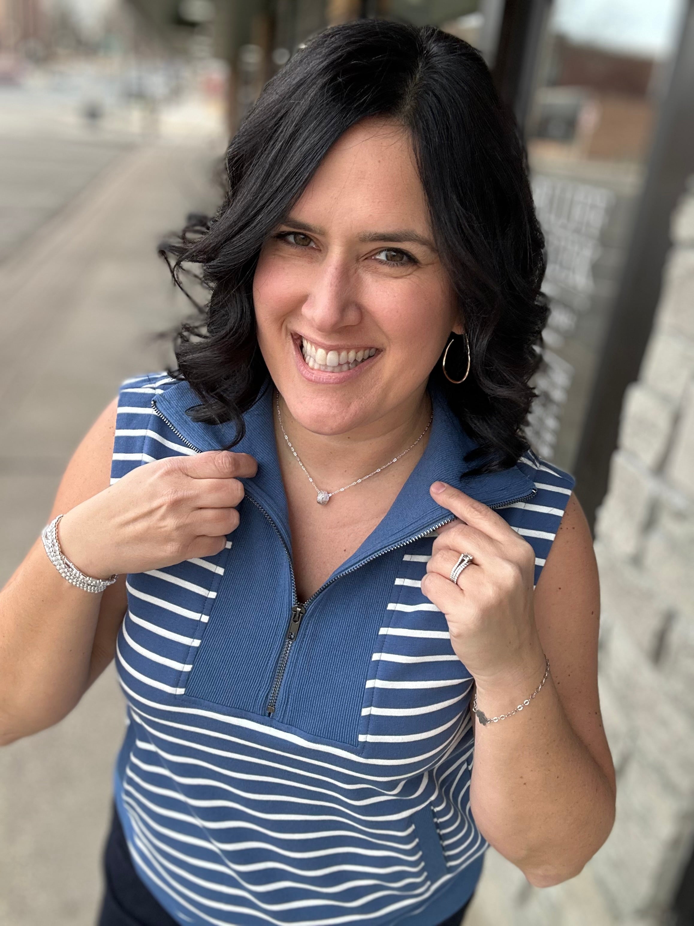 Denim Striped Zip Front Sleeveless Top Top- Sweatshirt DOE & RAE