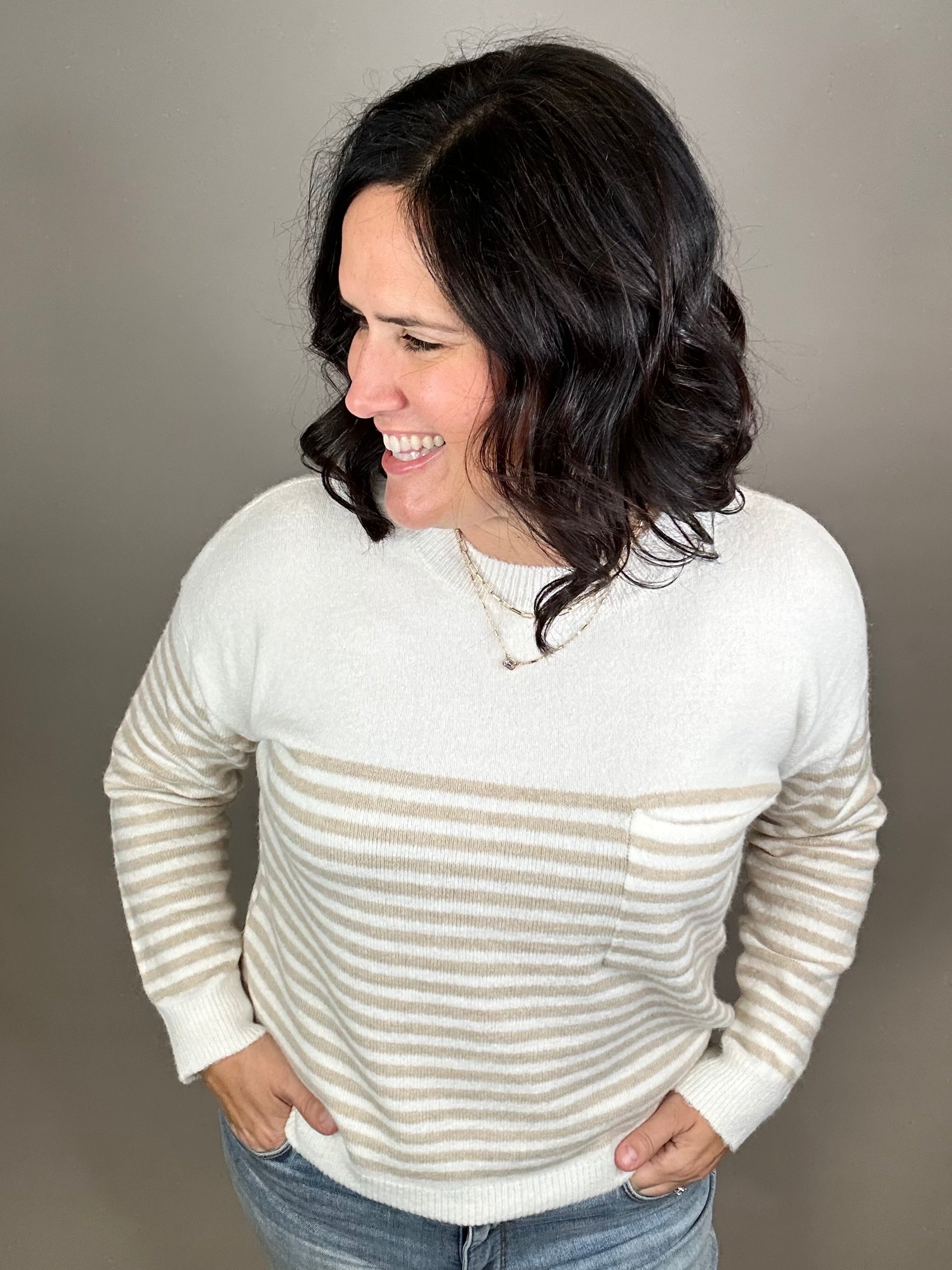 Creamy Oat Striped Pocket Sweater Top - Sweater STACCATO