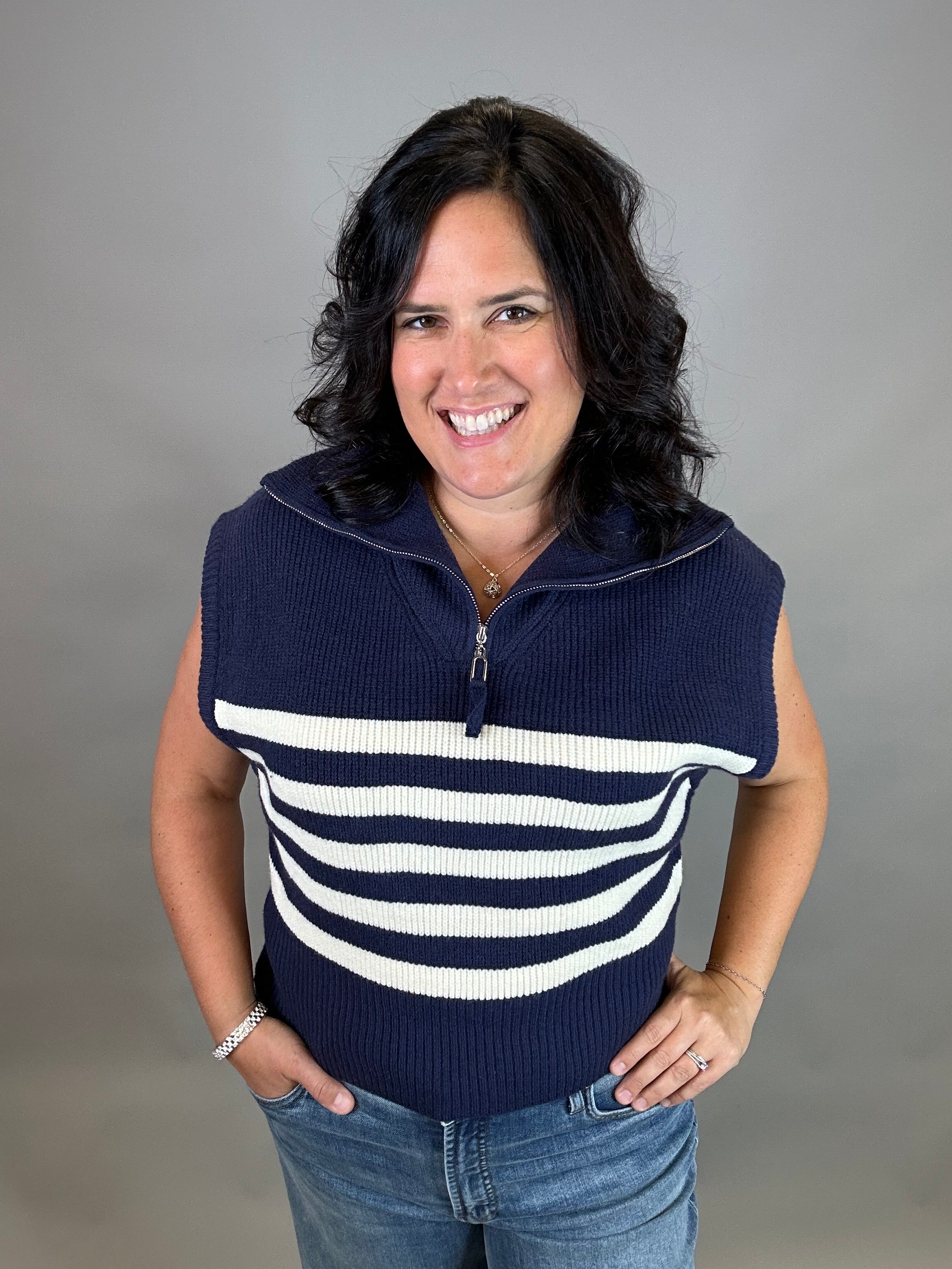 Navy Striped Half Zip Sweater Top Top - Sweater DOE & RAE