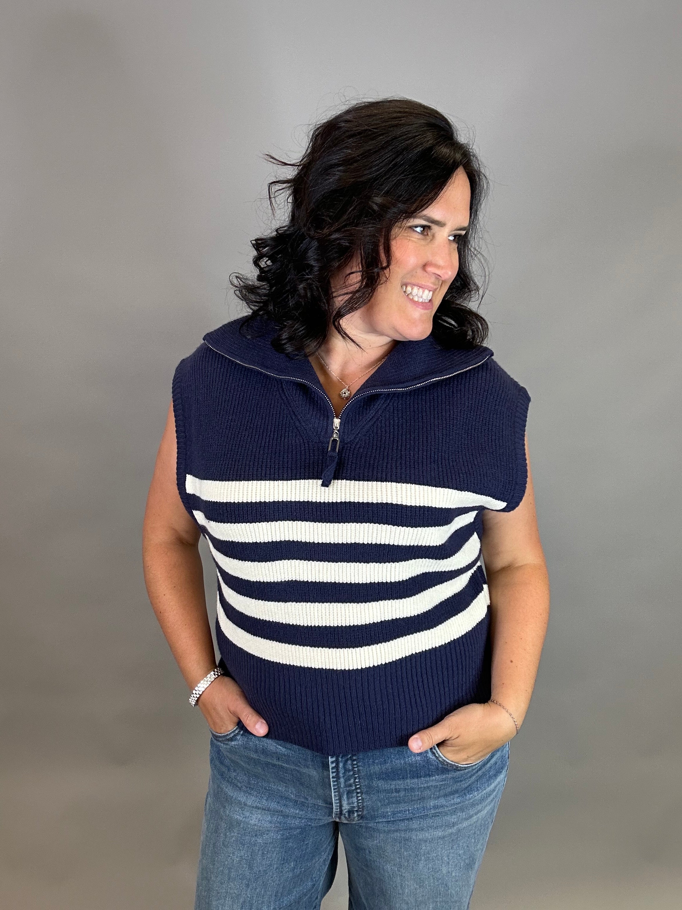 Navy Striped Half Zip Sweater Top Top - Sweater DOE & RAE