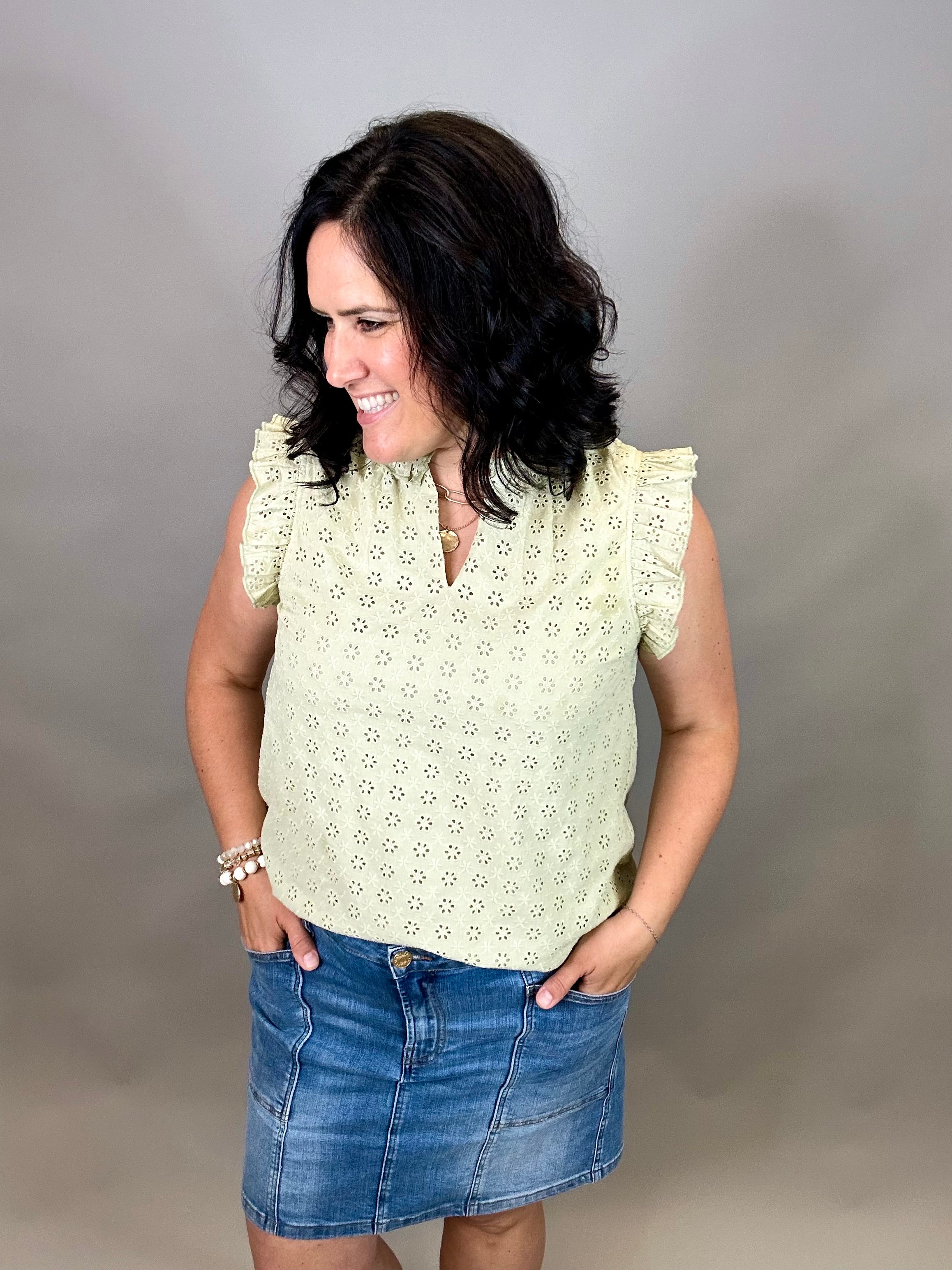 Sage Eyelet Ruffle Cap Sleeve Top Tops- Blouses DOE & RAE