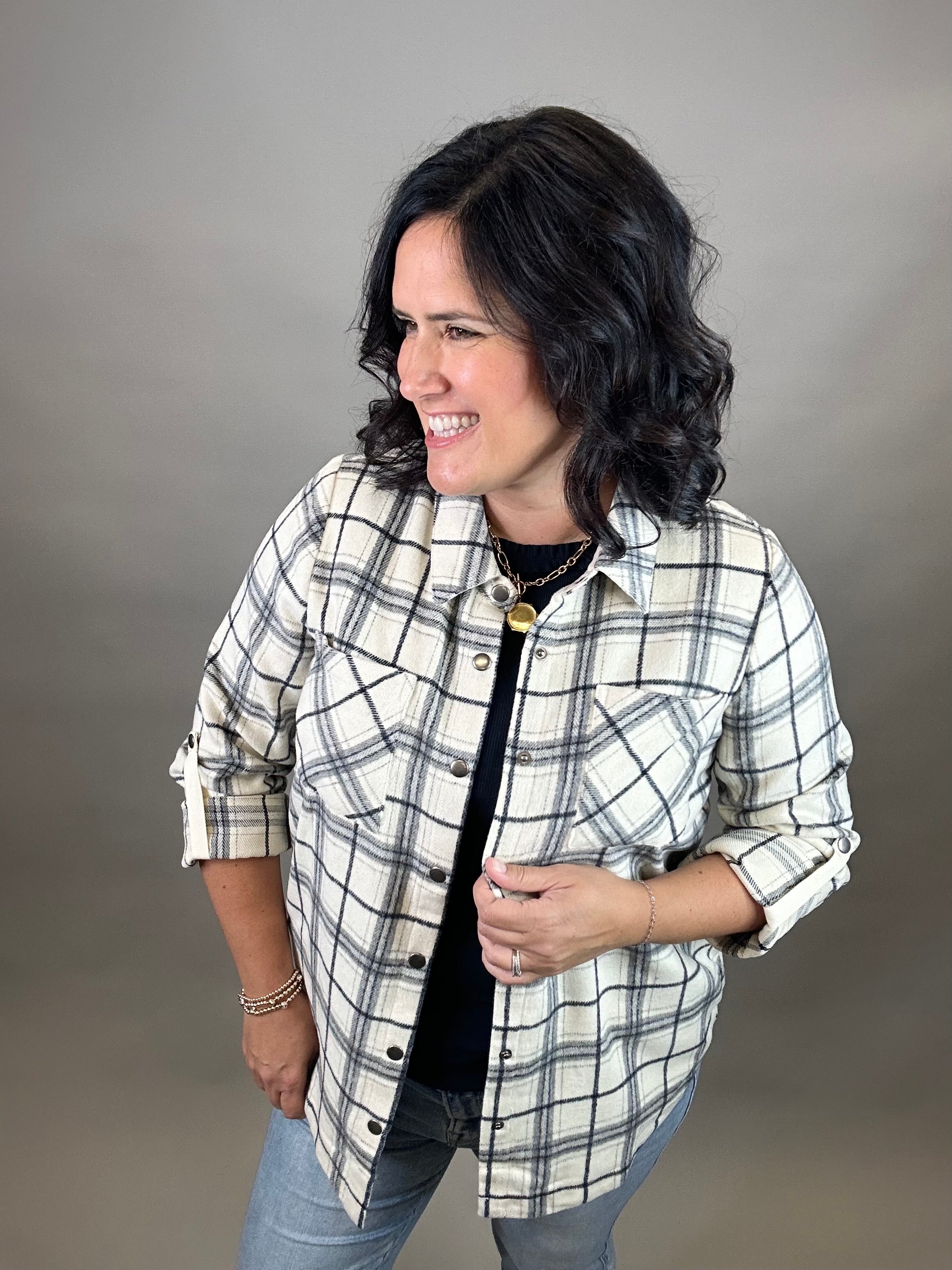 Ivory Plaid Shirt Jacket Outerwear- Jackets Mystree