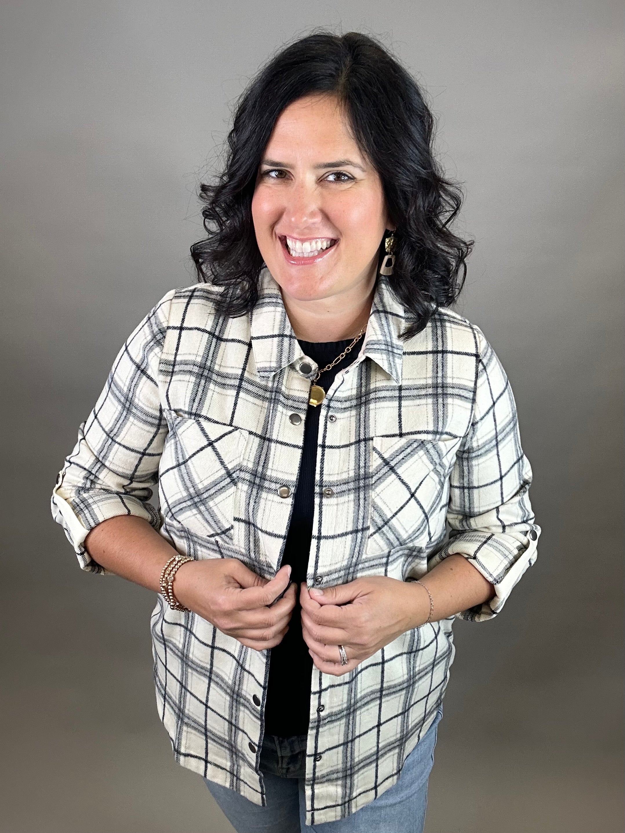 Ivory Plaid Shirt Jacket Outerwear- Jackets Mystree