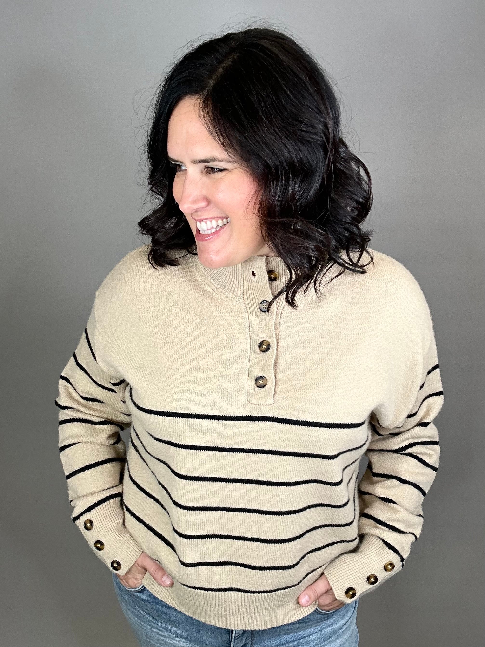 Mocha Striped Half Button Sweater Top - Sweater MIOU MUSE