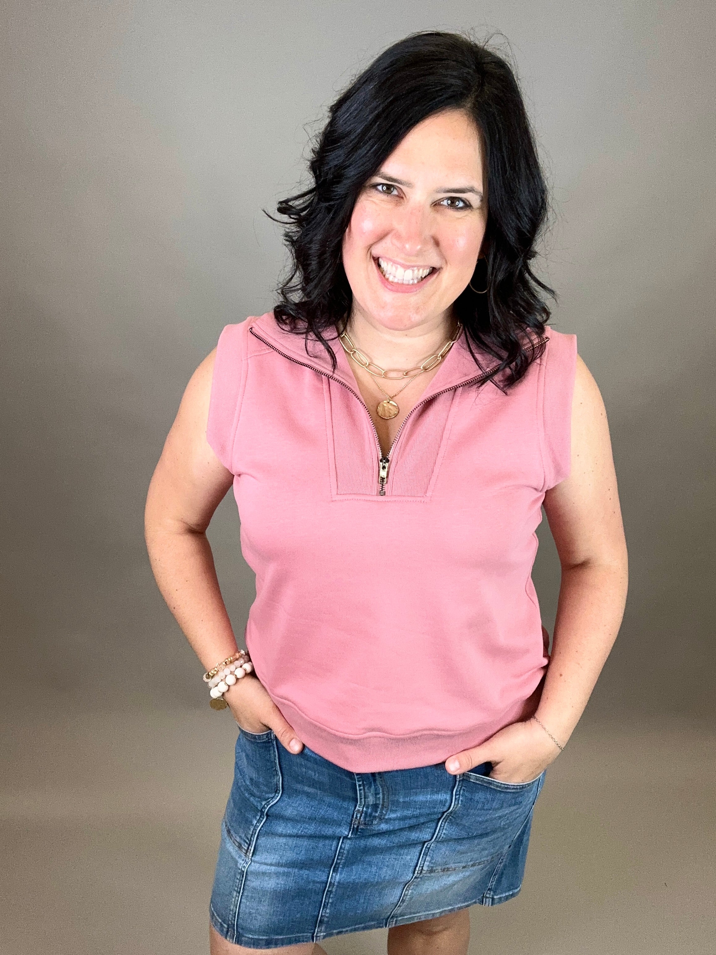 Rose Pink Zip Front Sleeveless Top Top- Sweatshirt DOE & RAE