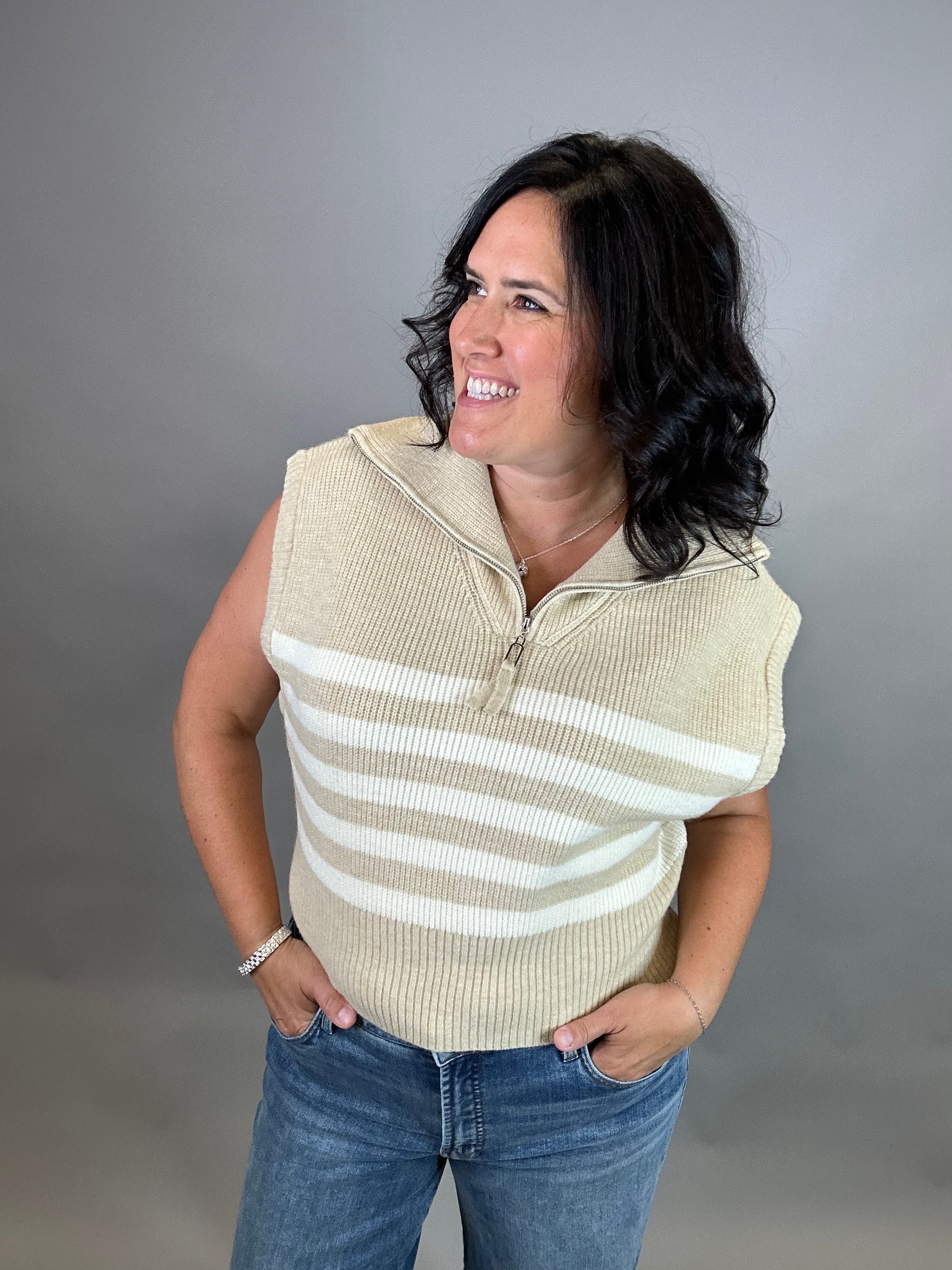 Beige Striped Half Zip Sweater Top Top - Sweater DOE & RAE