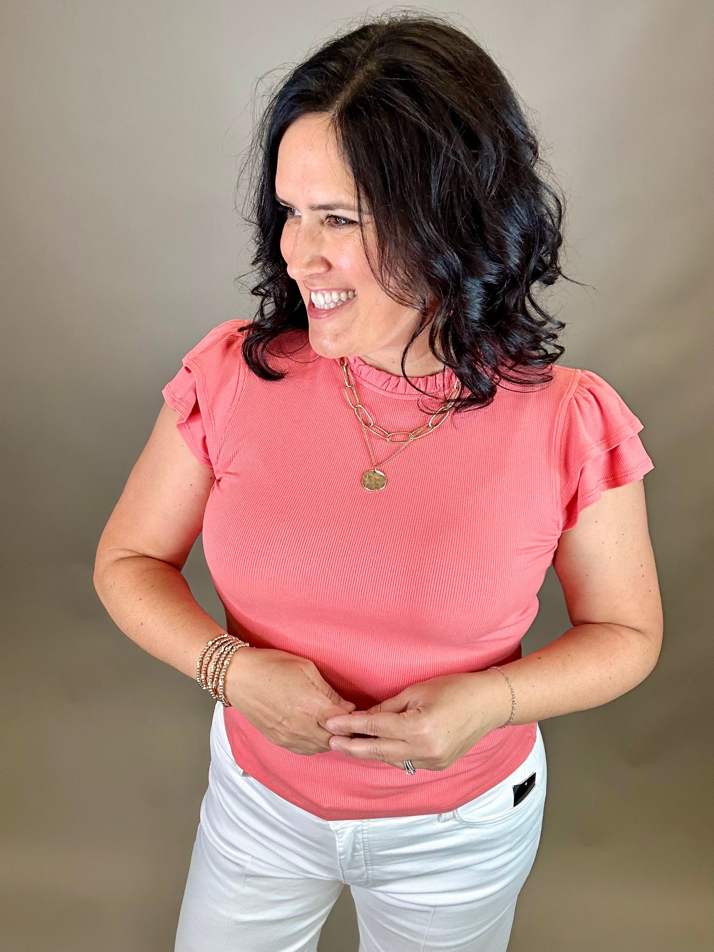 Coral Rib Ruffled Top Tops- Blouses DOE & RAE