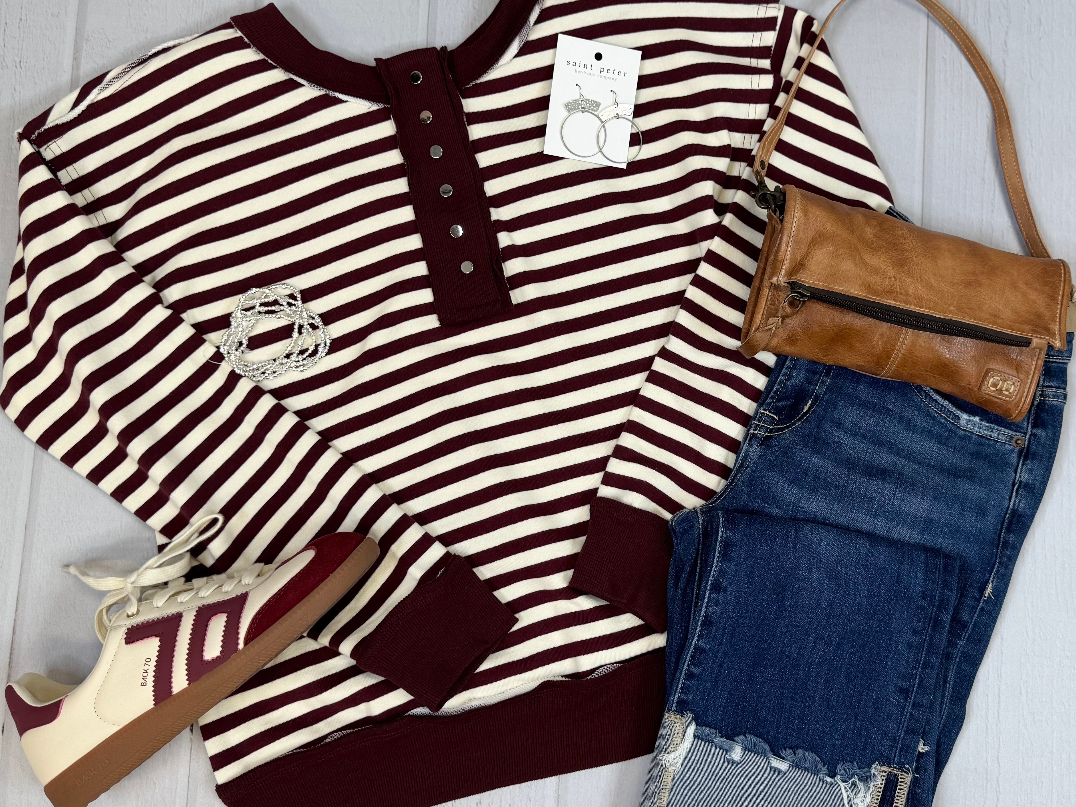 Burgundy Stripe Terry Snap Top Top - Sweatshirt STACCATO