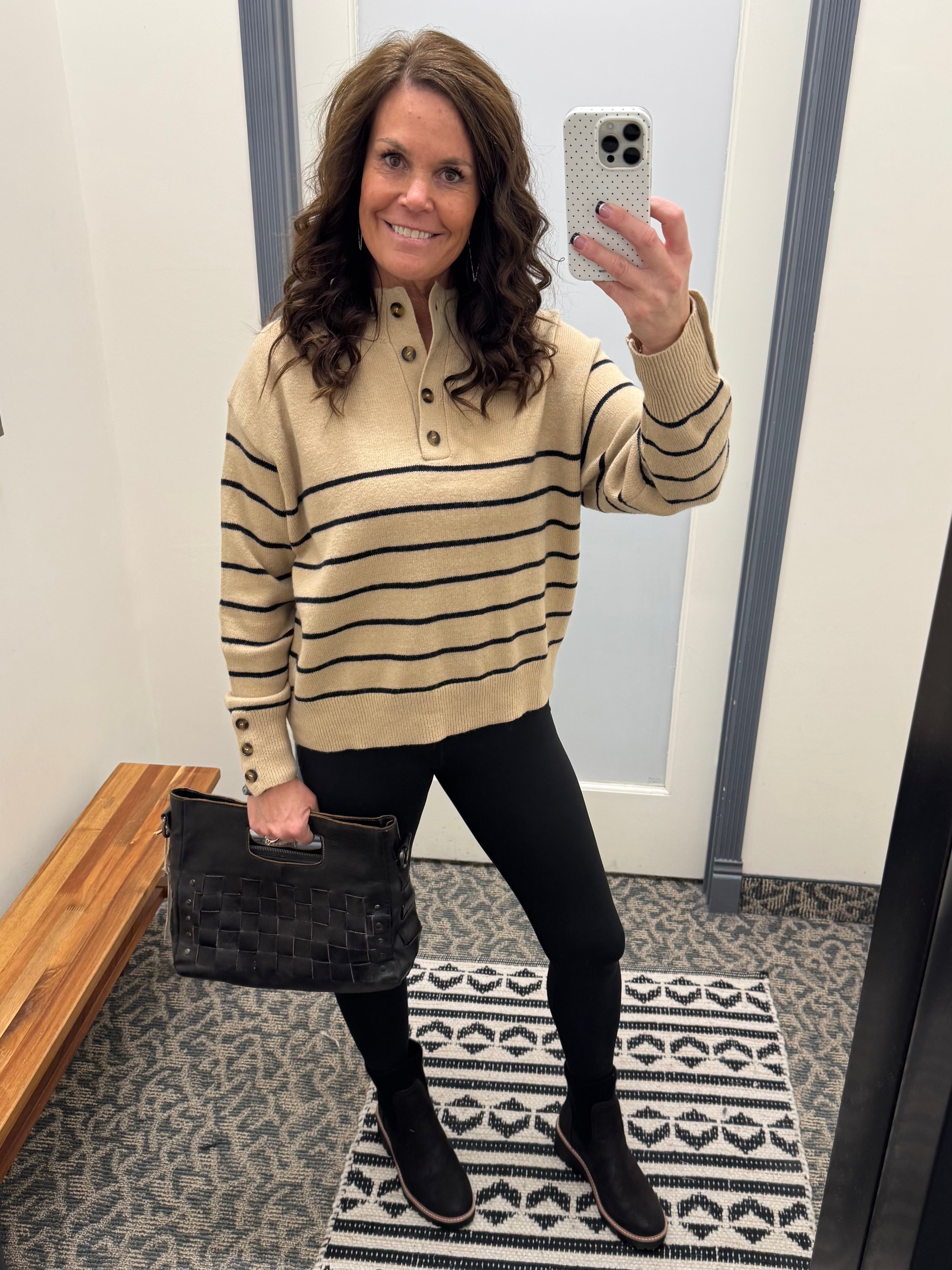 Mocha Striped Half Button Sweater Top - Sweater MIOU MUSE