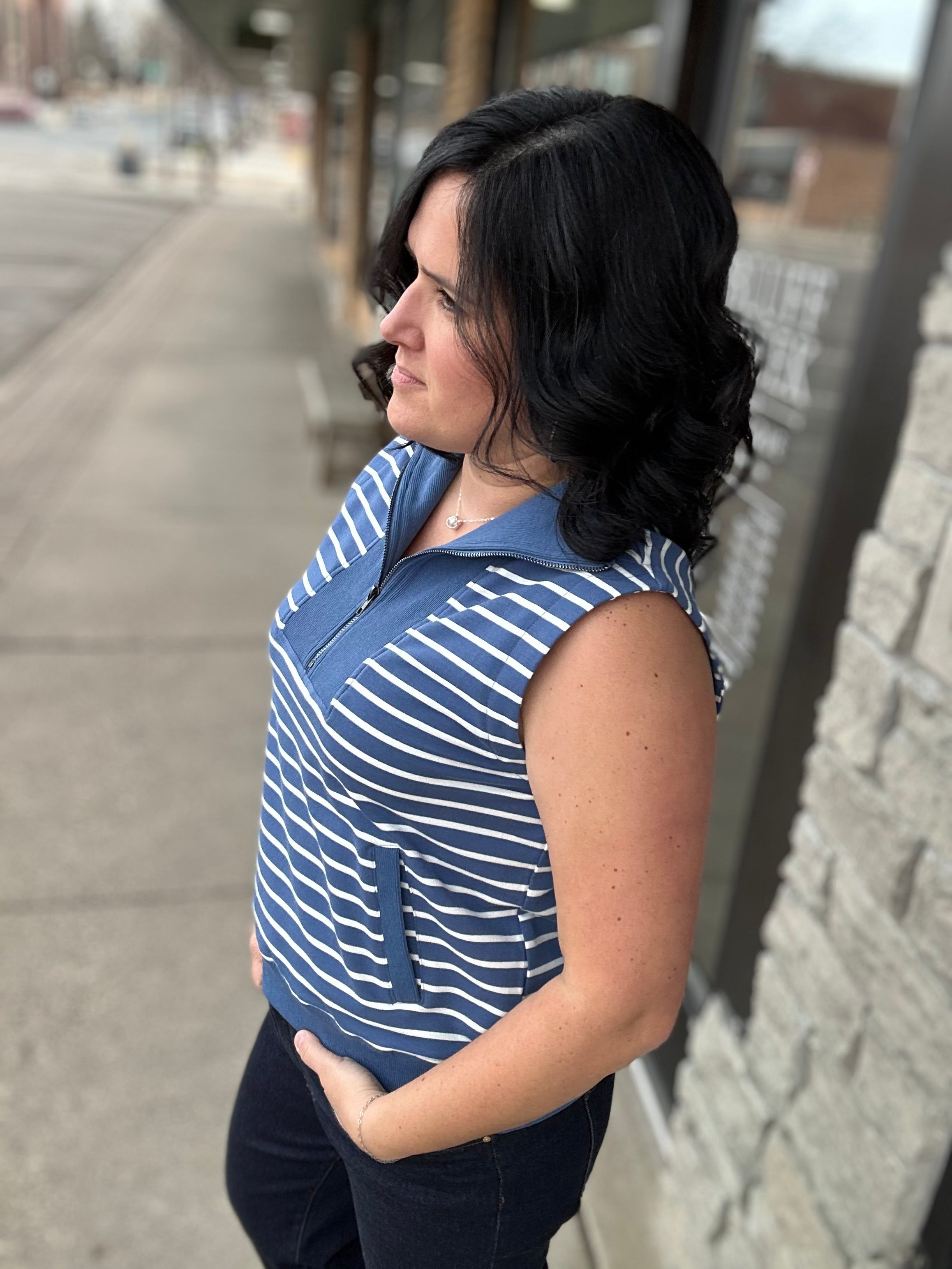 Denim Striped Zip Front Sleeveless Top Top- Sweatshirt DOE & RAE