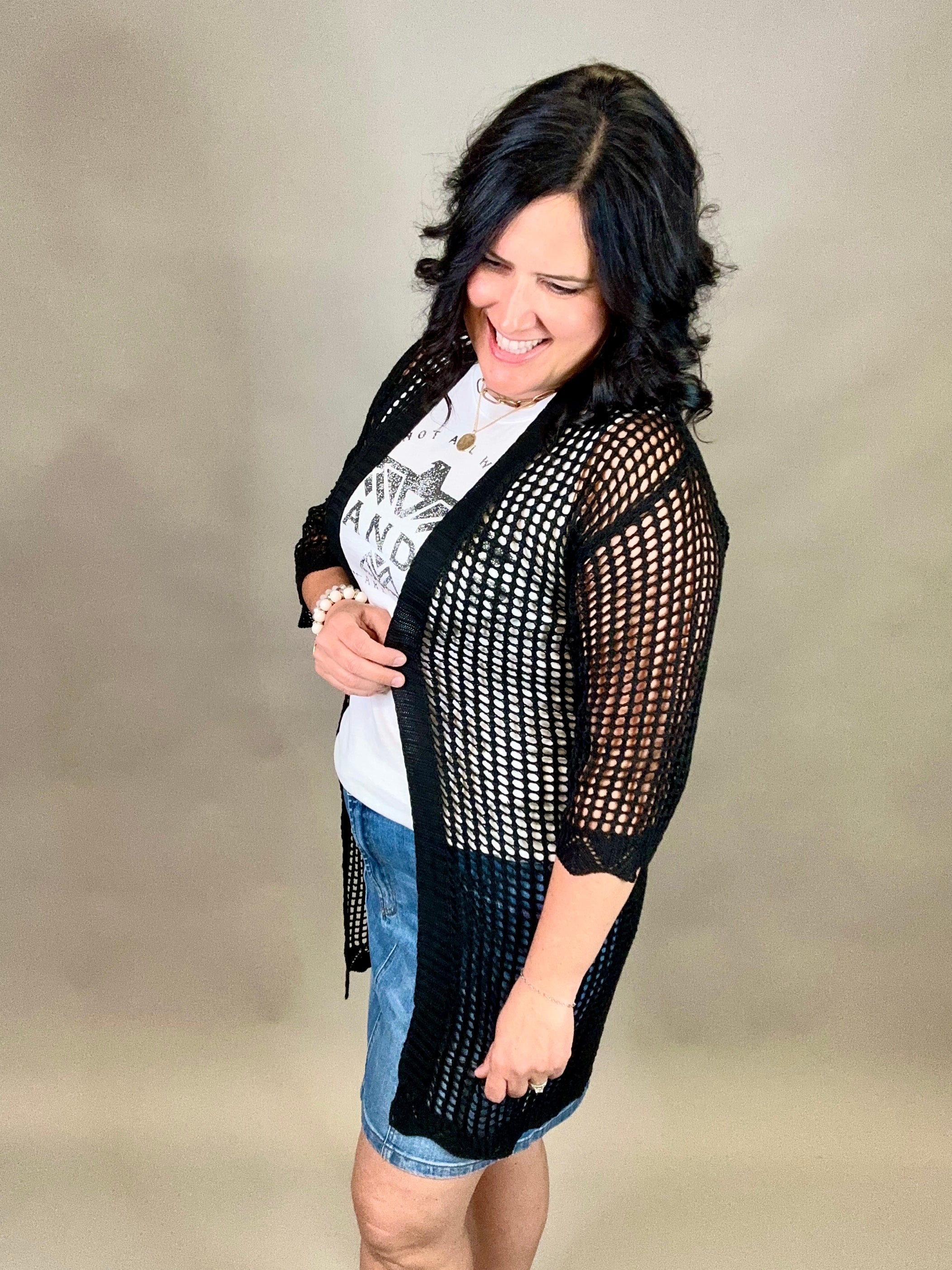 Black Coastal Crochet Tie Kimono OS Tops- Cardigans PRETTY SIMPLE WHOLESALE